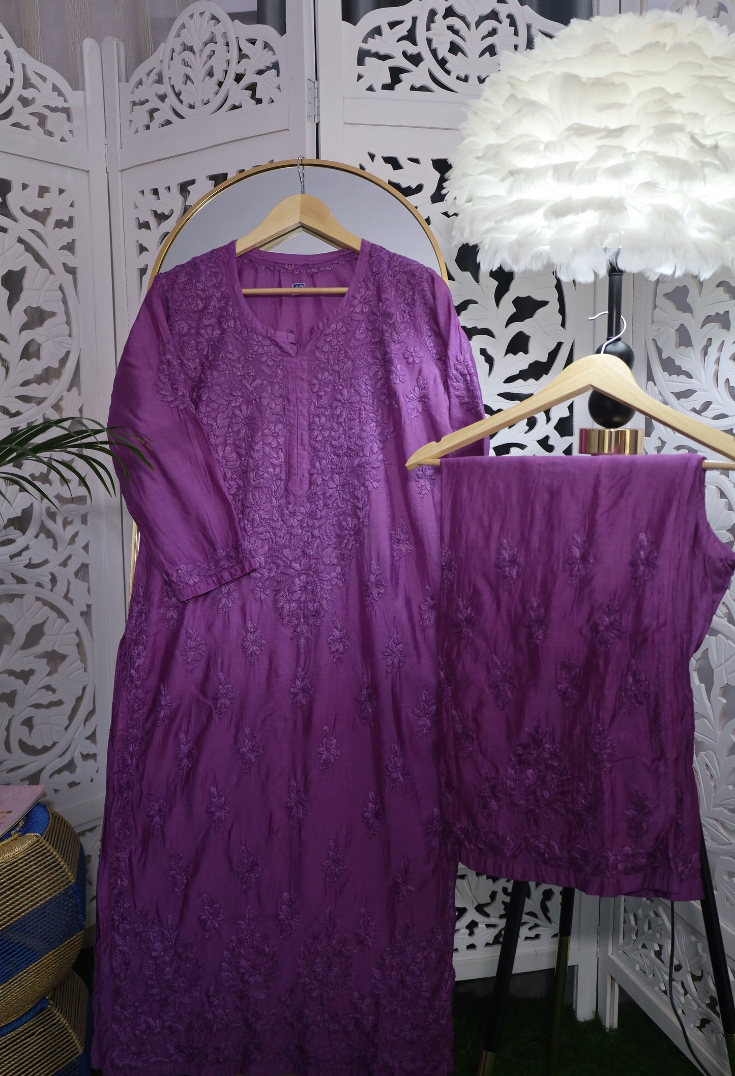 CHANDERI CHIKANKARI PALAZZO SET- LAVENDER