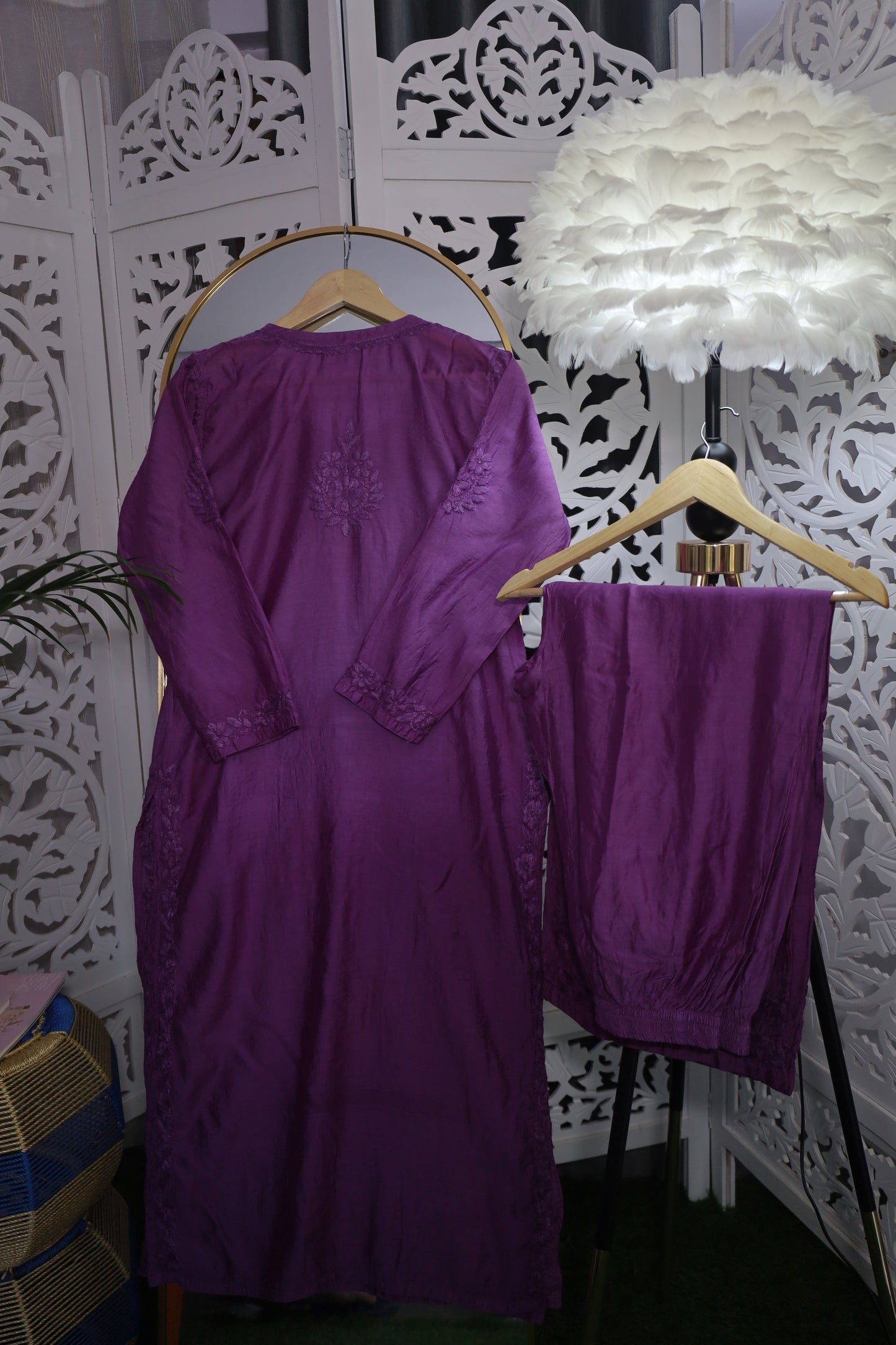 CHANDERI CHIKANKARI PALAZZO SET- LAVENDER