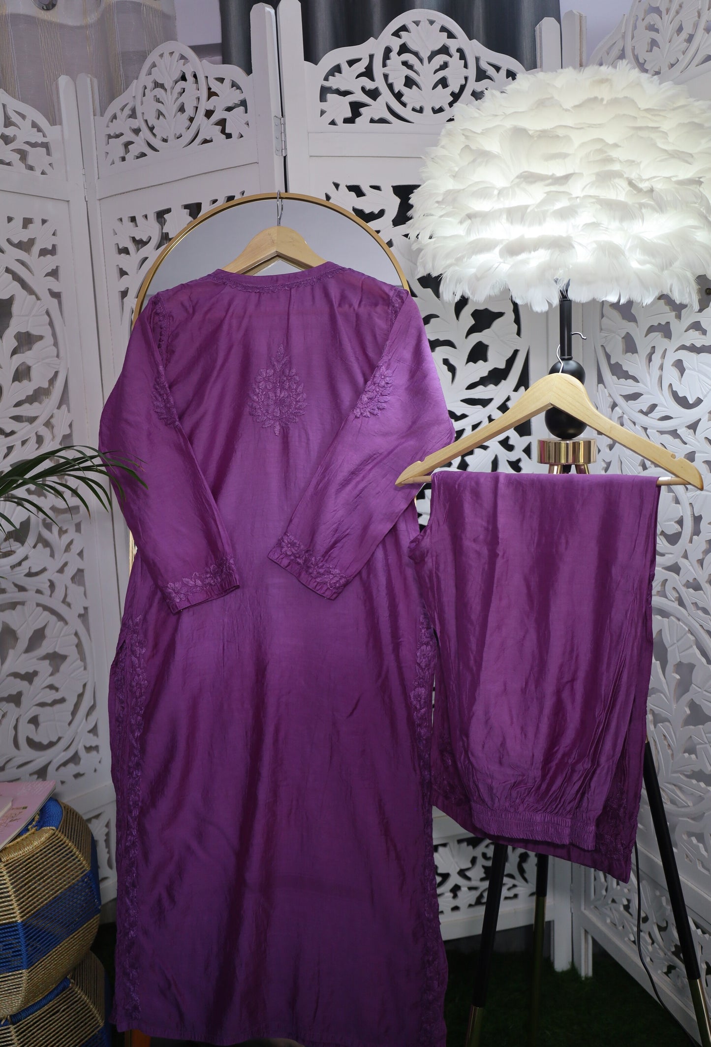 CHANDERI CHIKANKARI PALAZZO SET- LAVENDER