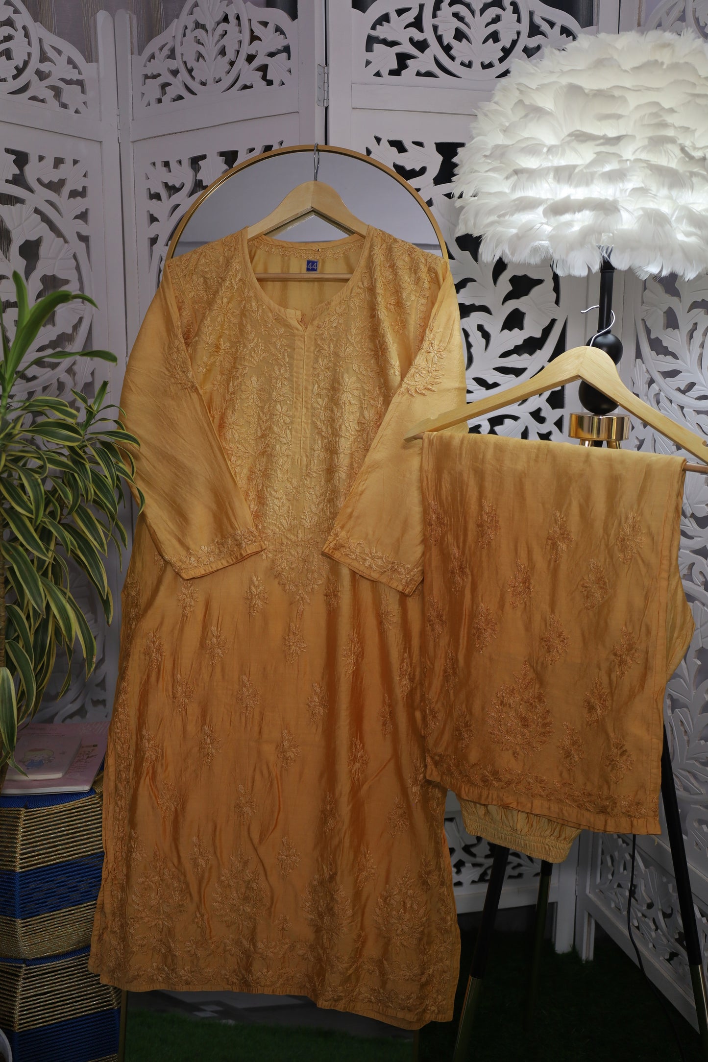 CHANDERI CHIKANKARI PALAZZO SET- GOLDEN
