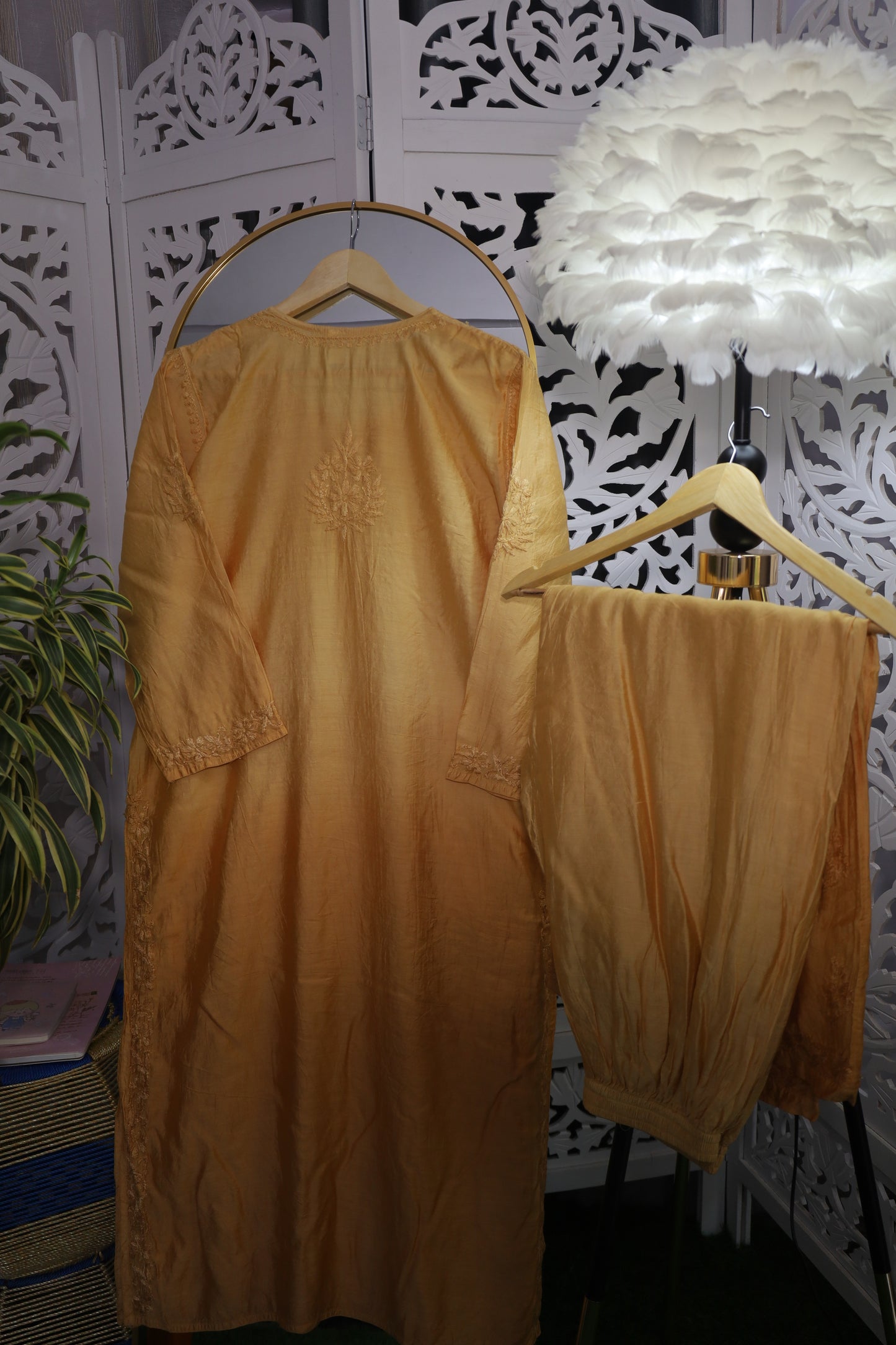 CHANDERI CHIKANKARI PALAZZO SET- GOLDEN