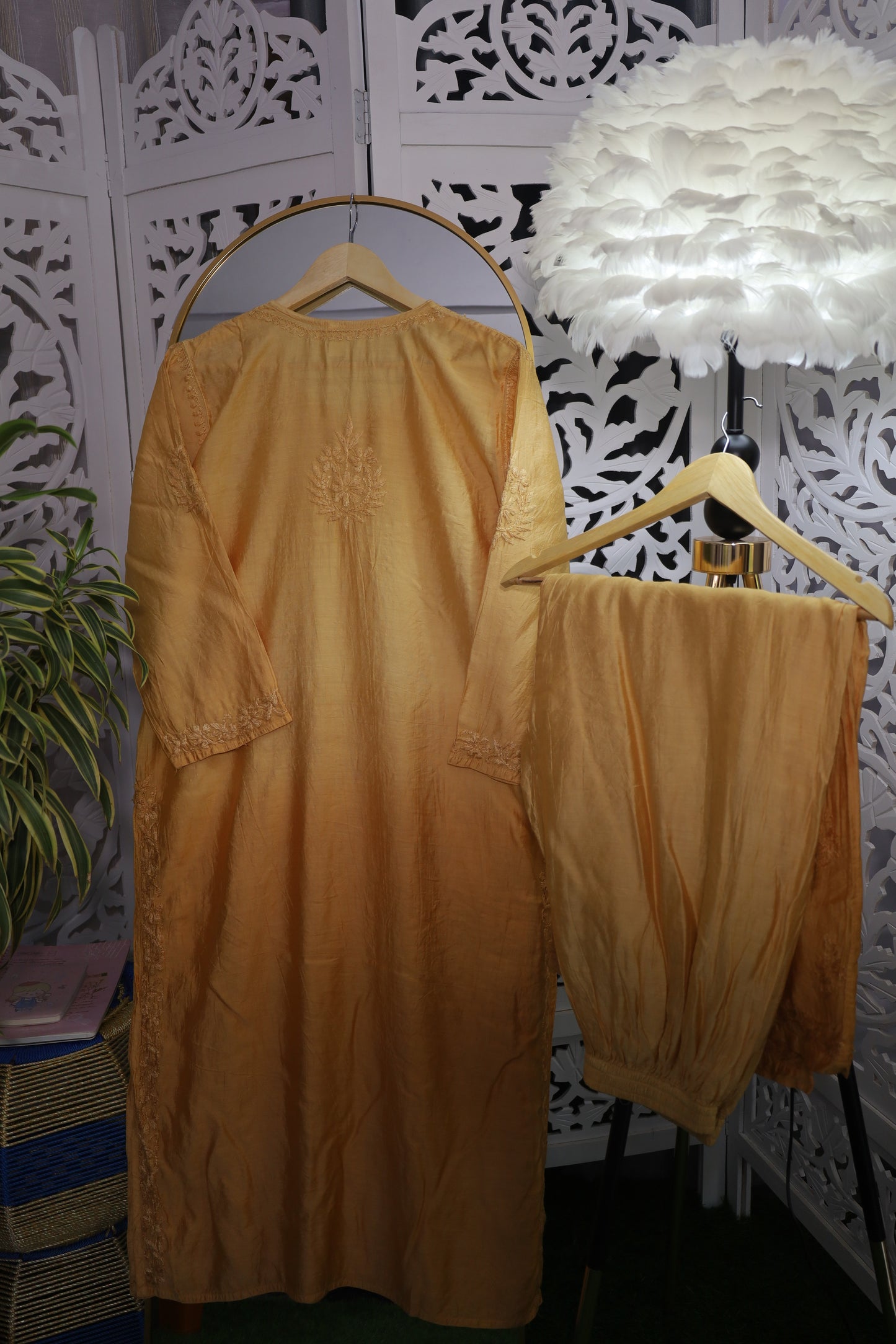 CHANDERI CHIKANKARI PALAZZO SET- GOLDEN