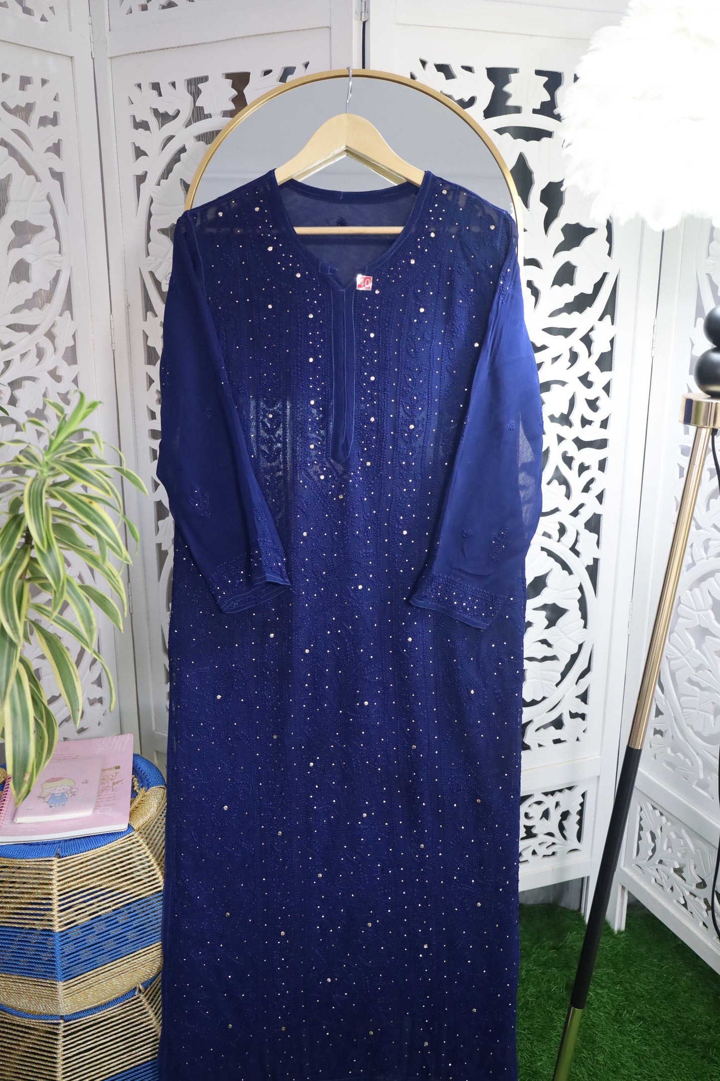 VISCOSE GEORGETTE RESHAM MUKAISH CHIKANKARI KURTA- MIDNIGHT BLUE