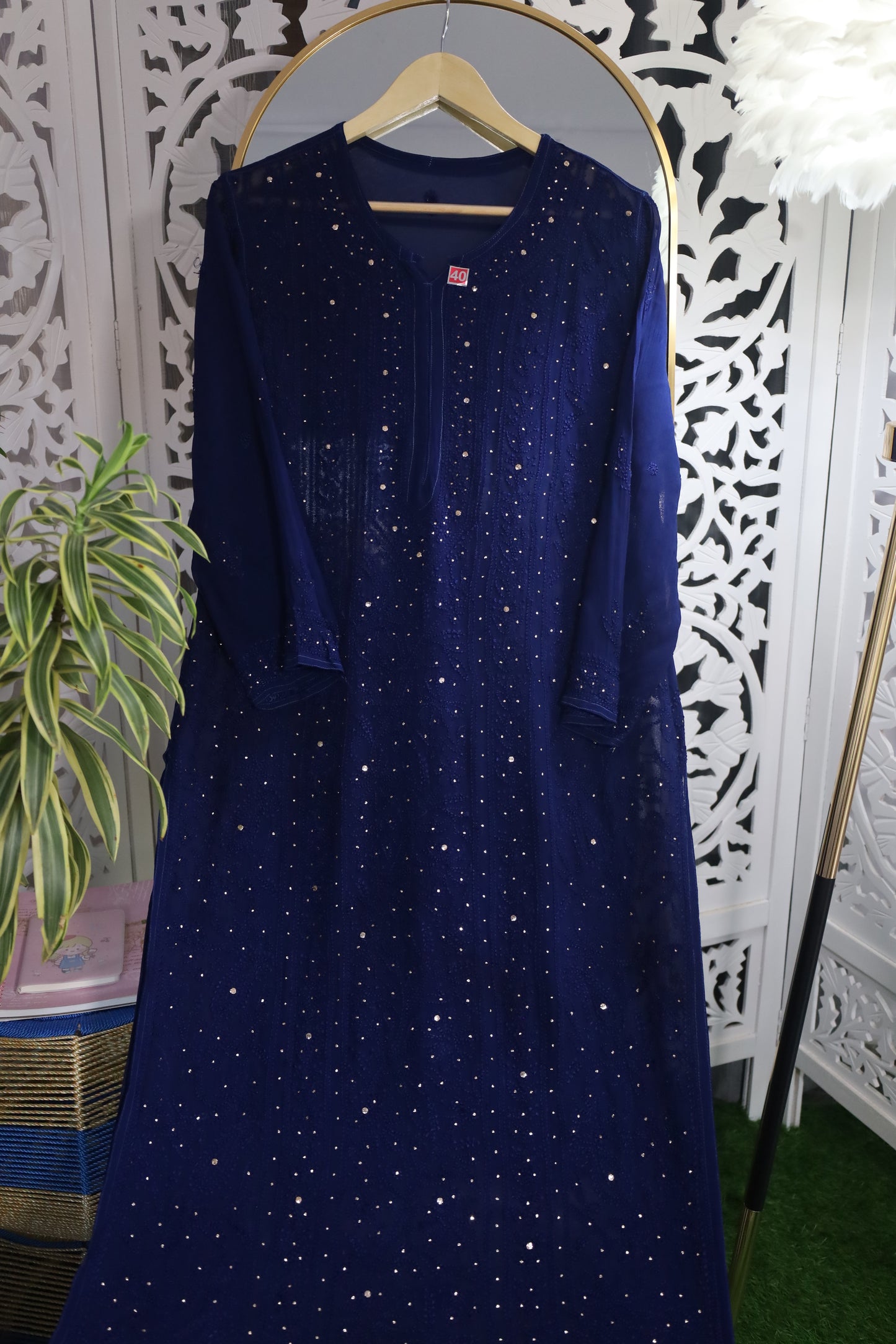 VISCOSE GEORGETTE RESHAM MUKAISH CHIKANKARI KURTA- MIDNIGHT BLUE