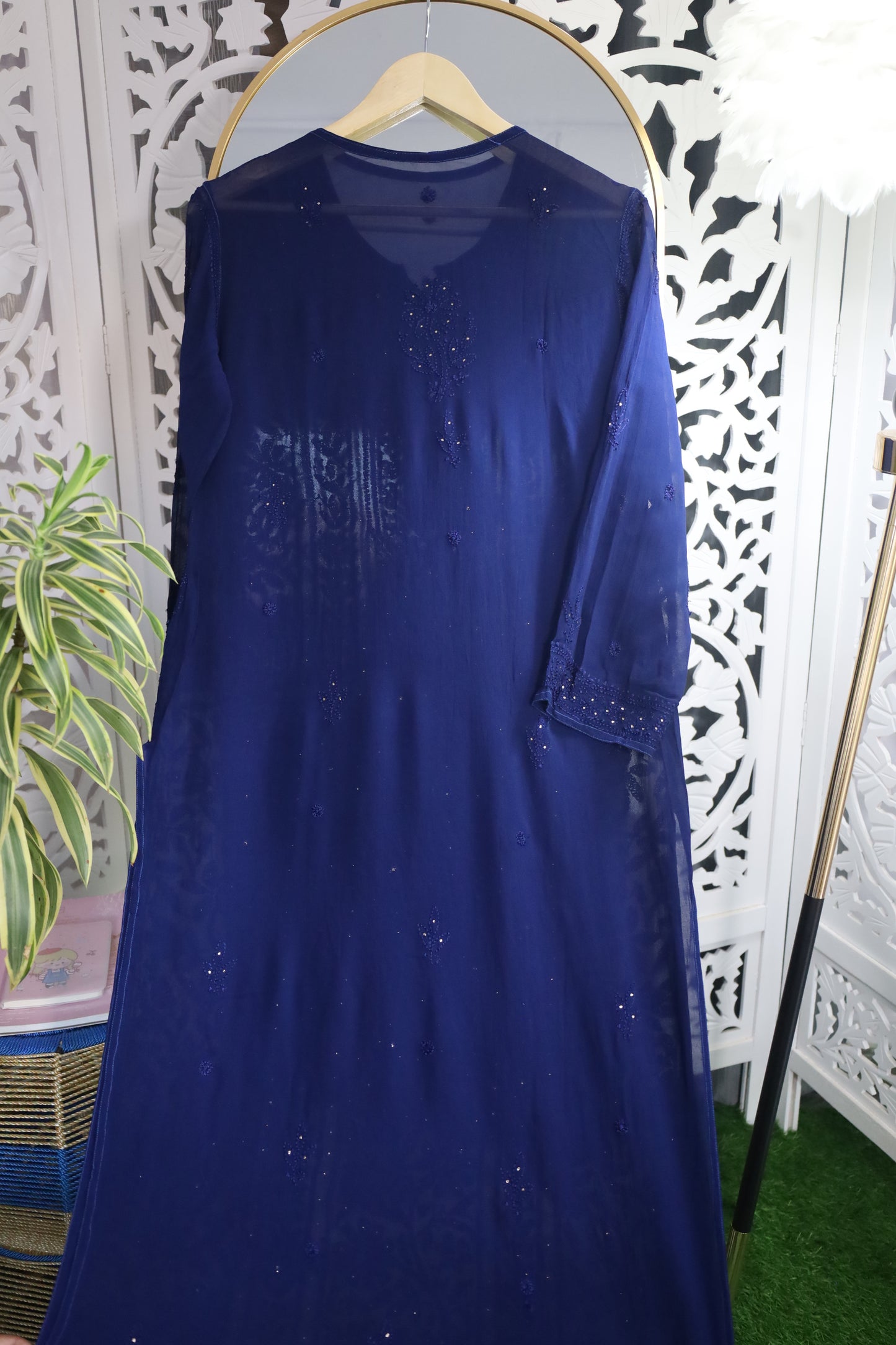 VISCOSE GEORGETTE RESHAM MUKAISH CHIKANKARI KURTA- MIDNIGHT BLUE
