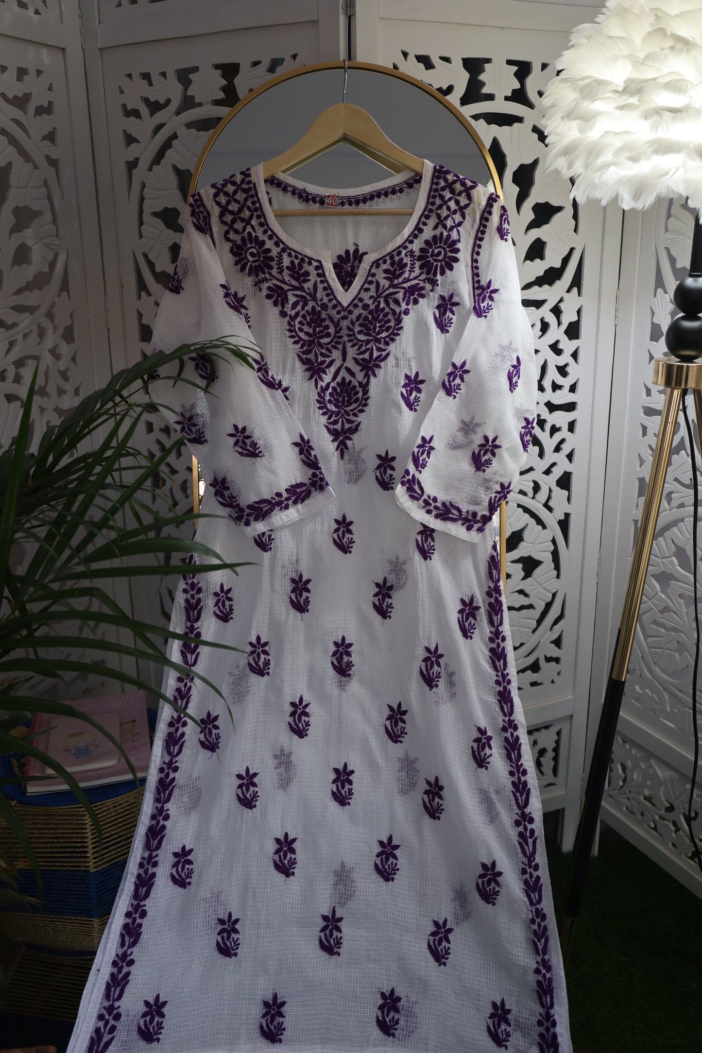 KOTA SOFT COTTON 3D CHIKANKARI KURTA- PURPLE