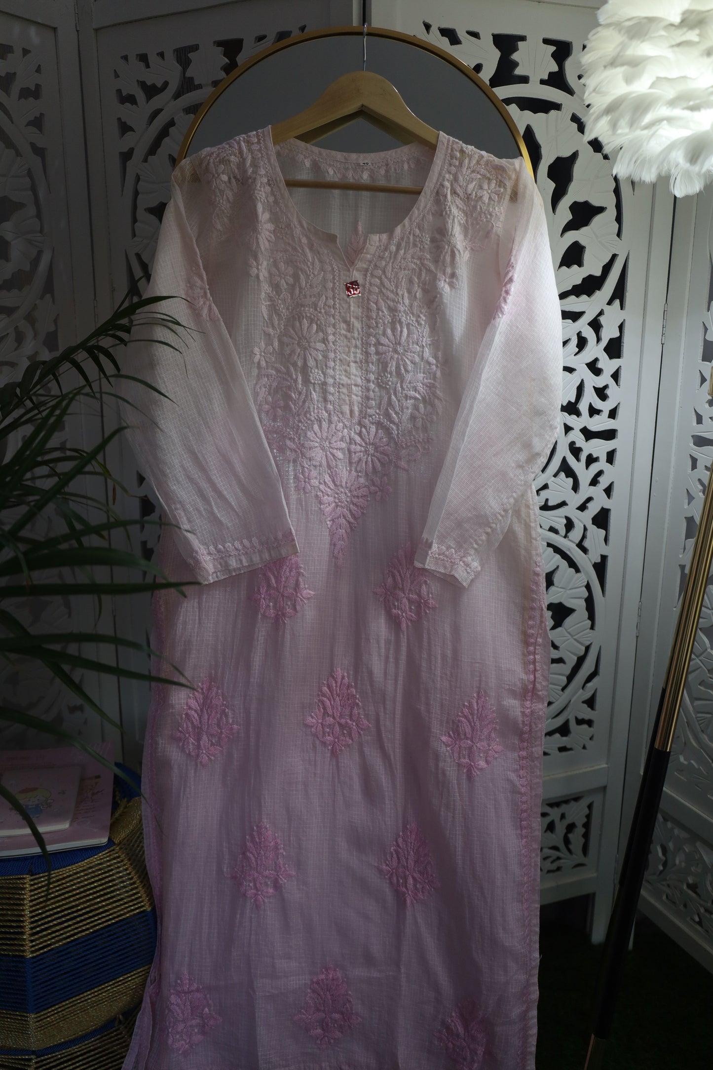 KOTA SOFT COTTON CHIKANKARI KURTA- BABY PINK OMBRE