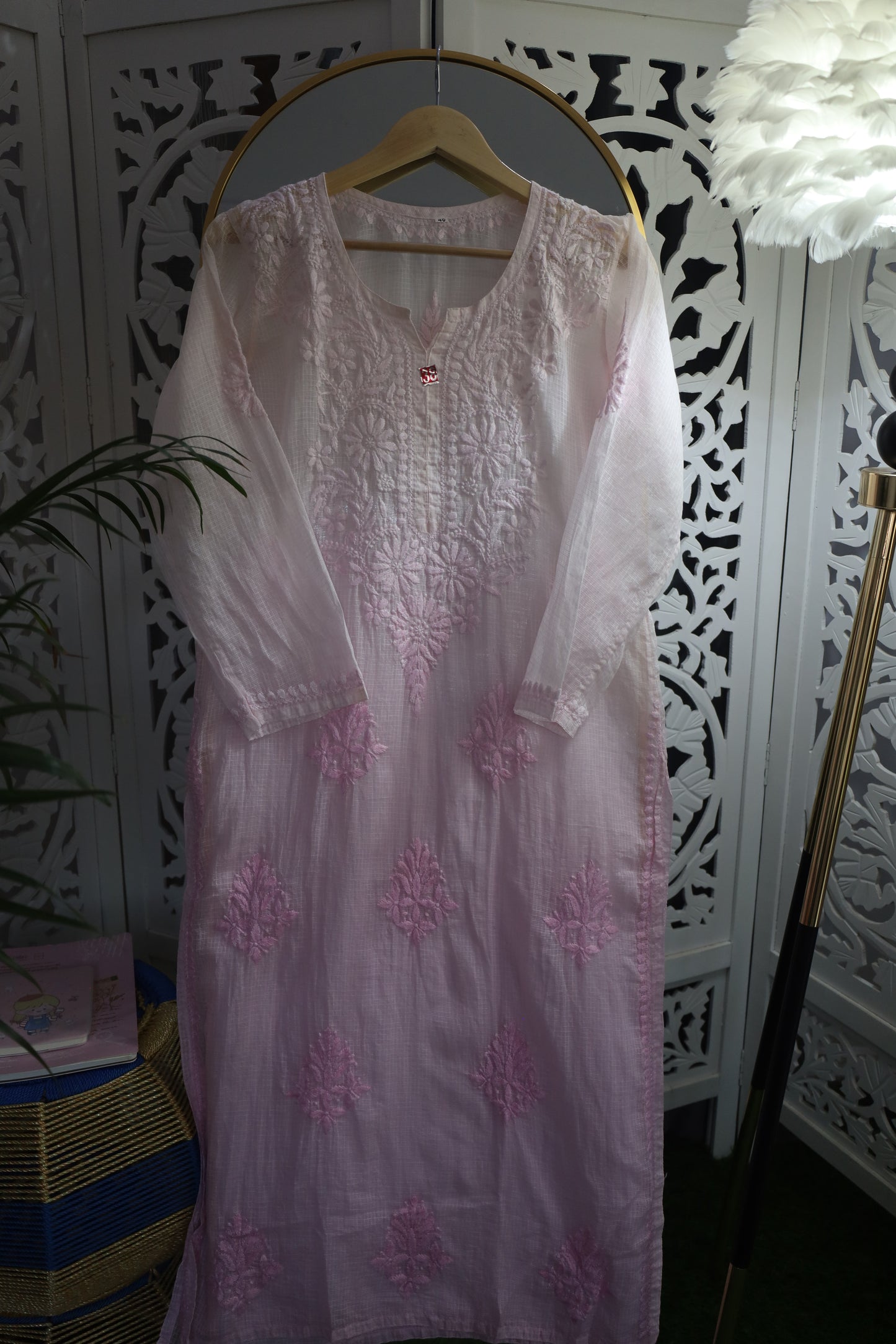 KOTA SOFT COTTON CHIKANKARI KURTA- BABY PINK OMBRE
