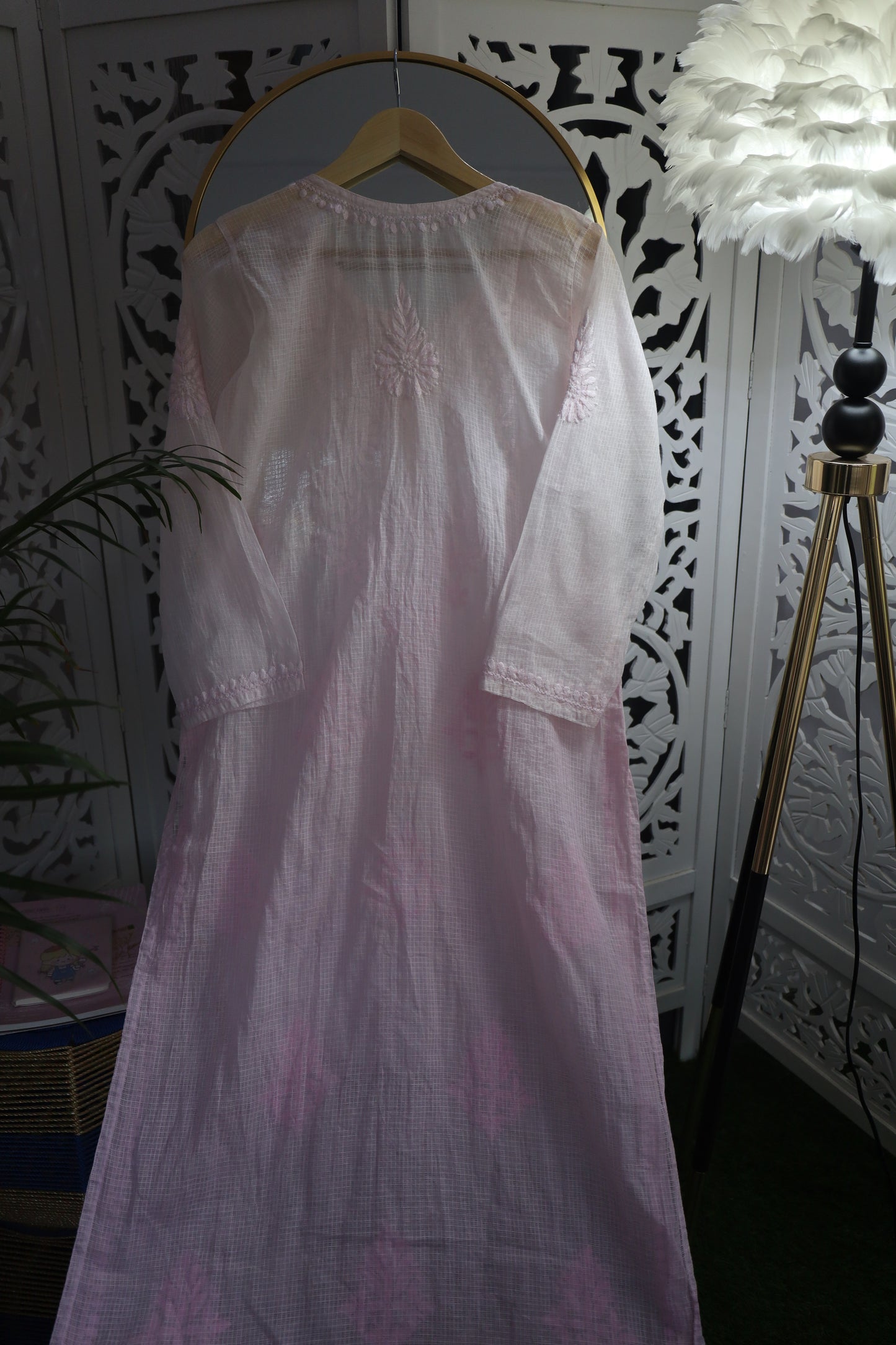 KOTA SOFT COTTON CHIKANKARI KURTA- BABY PINK OMBRE