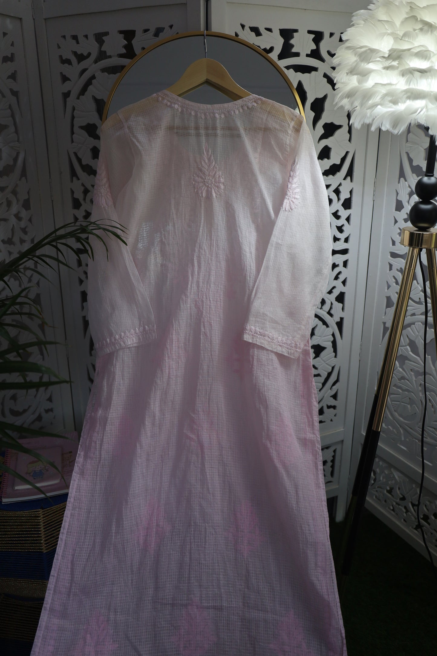 KOTA SOFT COTTON CHIKANKARI KURTA- BABY PINK OMBRE