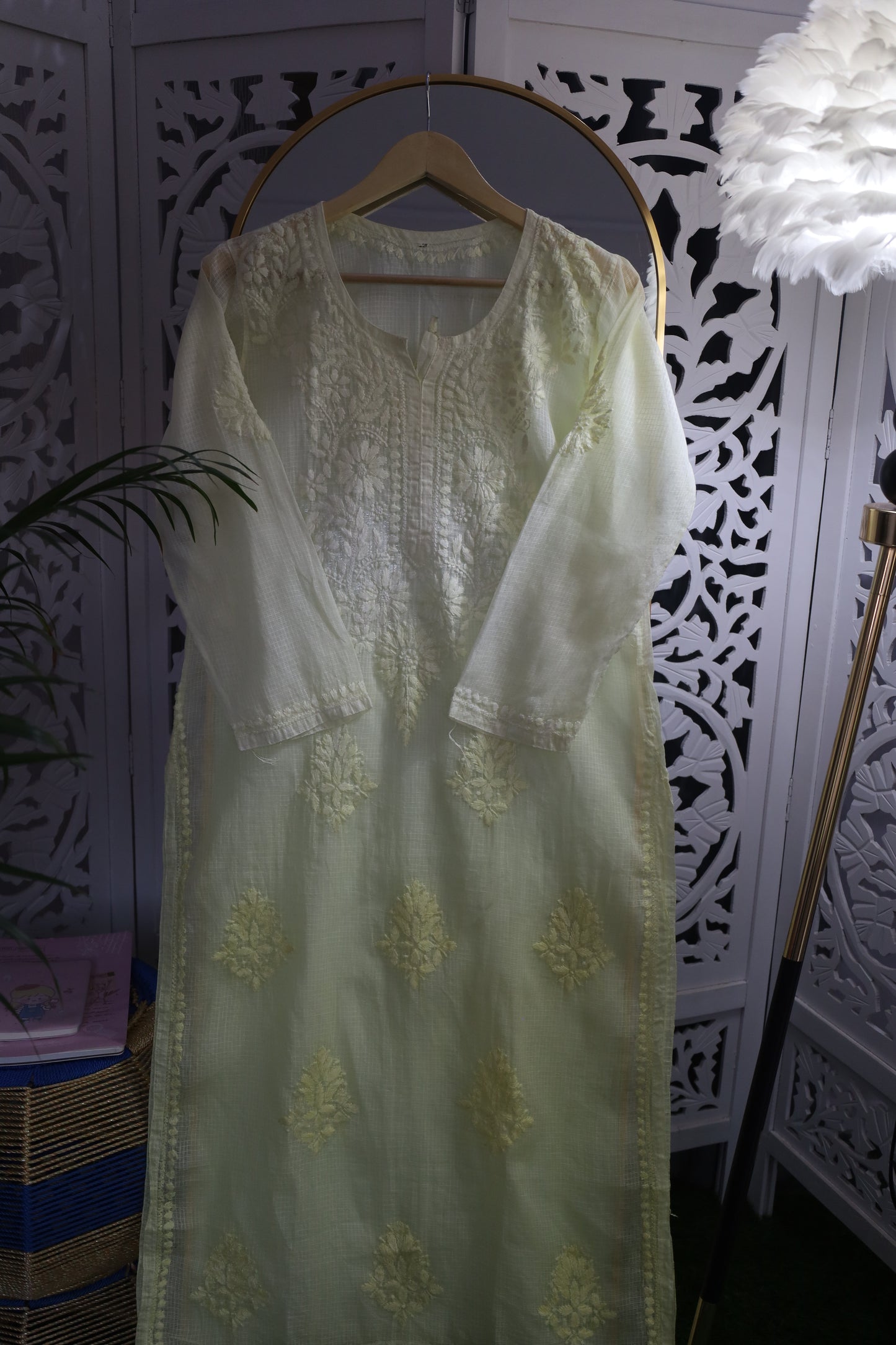 KOTA SOFT COTTON CHIKANKARI KURTA- PASTEL YELLOW OMBRE