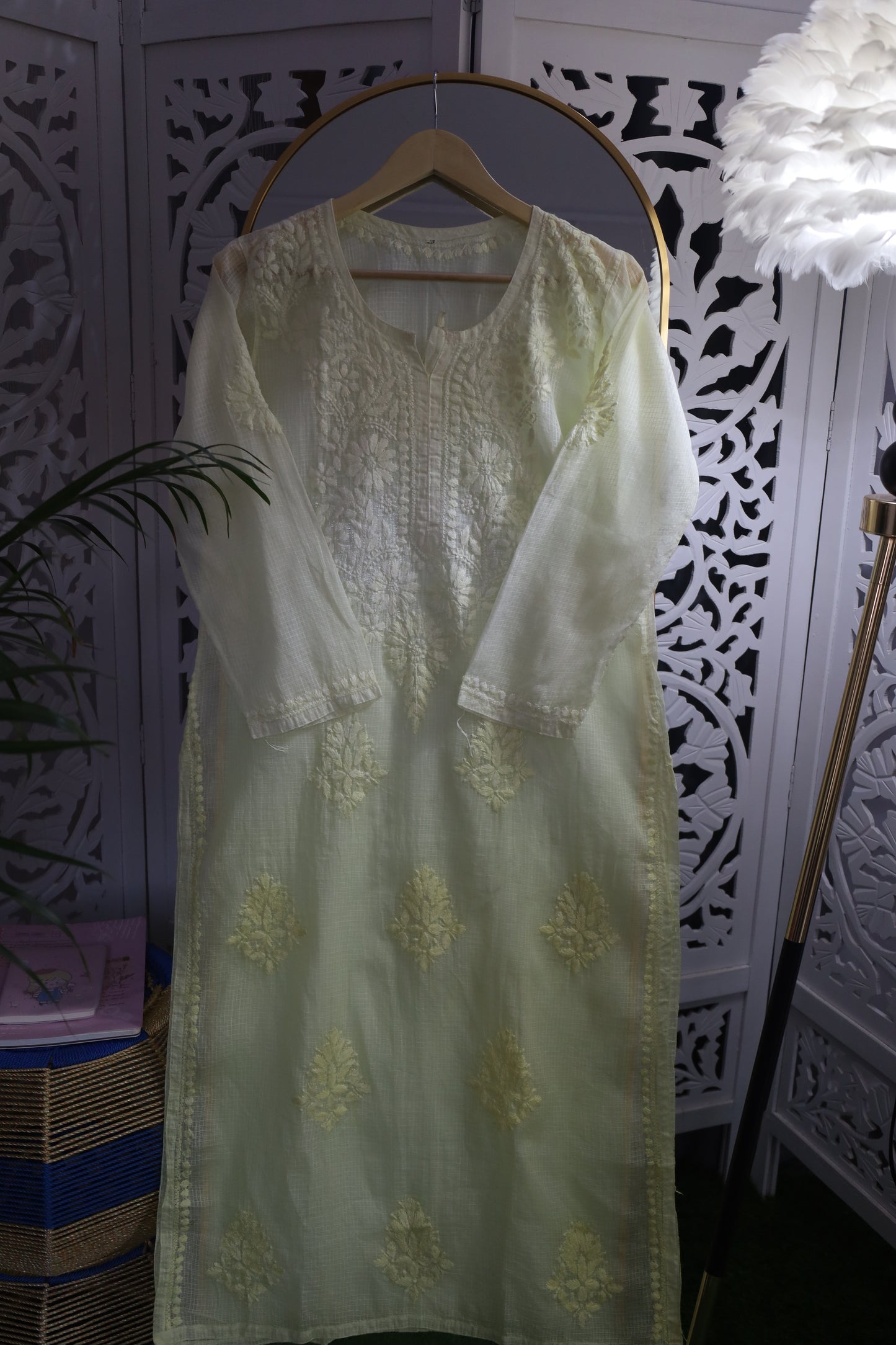 KOTA SOFT COTTON CHIKANKARI KURTA- PASTEL YELLOW OMBRE