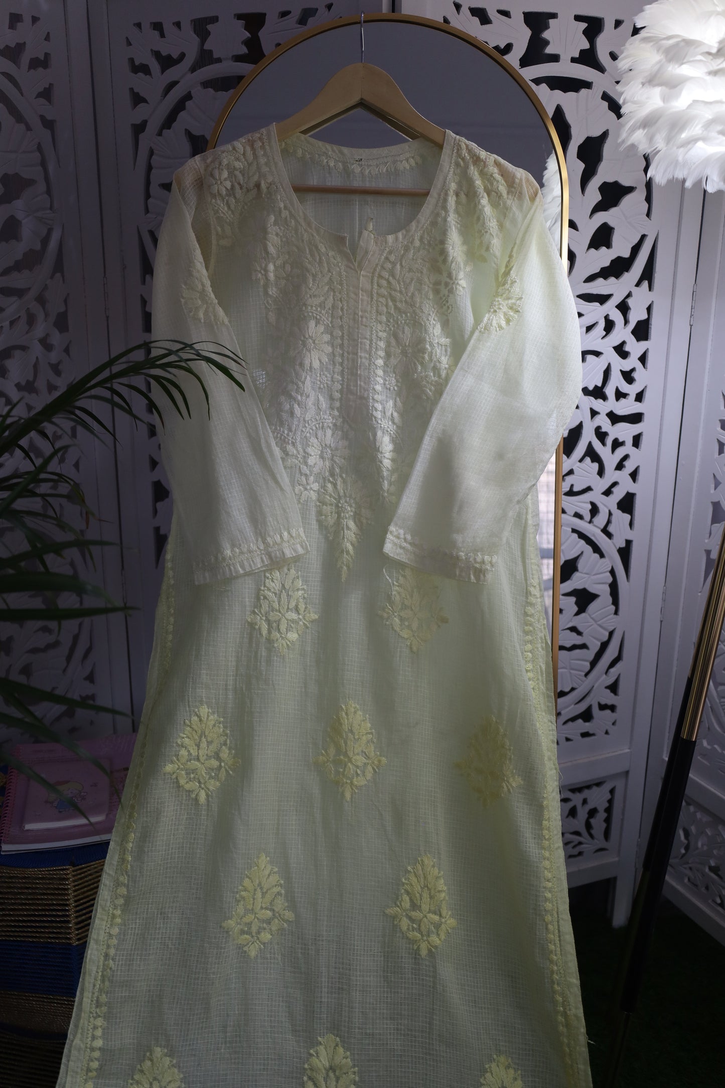 KOTA SOFT COTTON CHIKANKARI KURTA- PASTEL YELLOW OMBRE