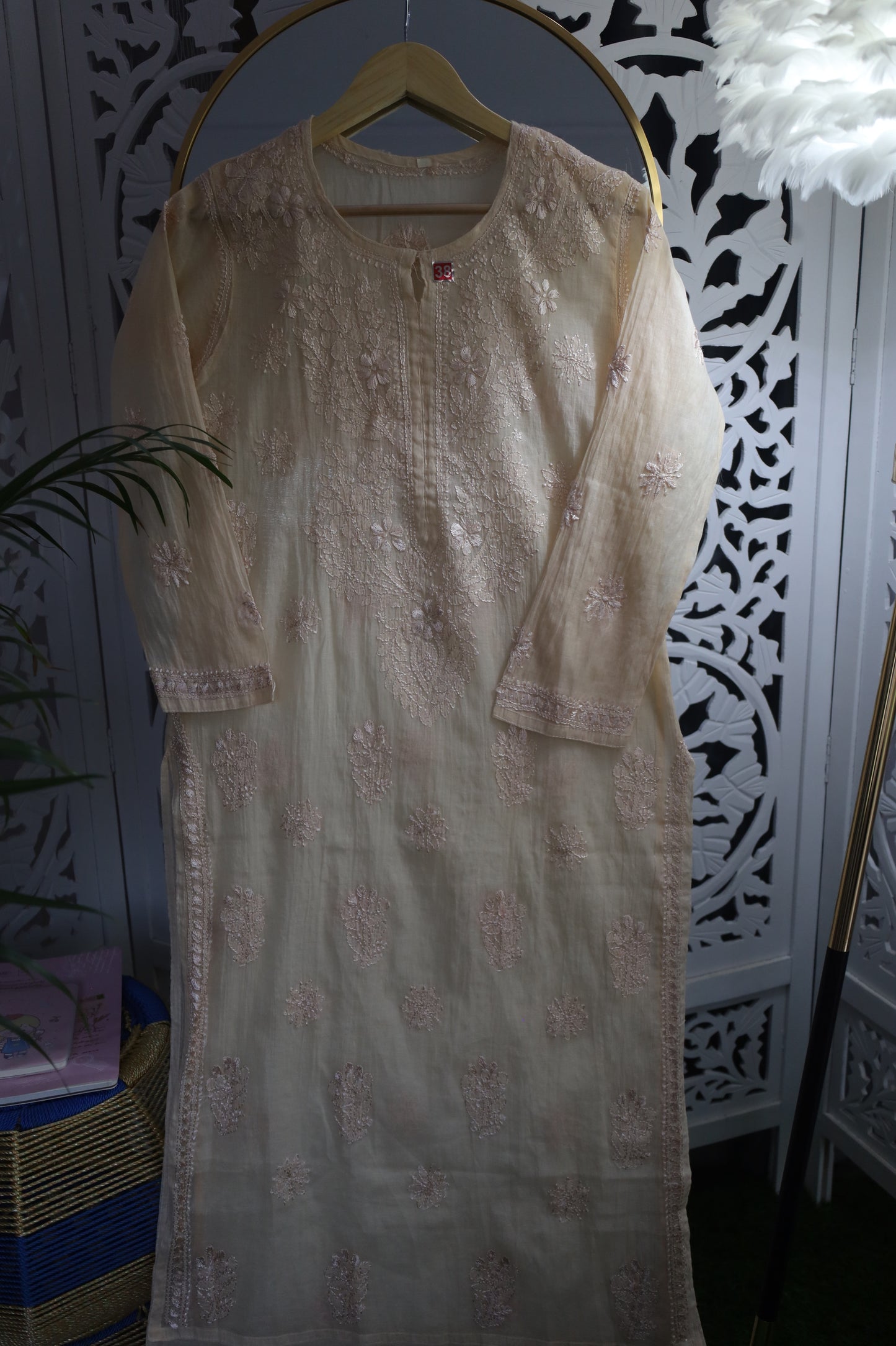 MUL CHANDERI RESHAM CHIKANKARI KURTA- PEACH