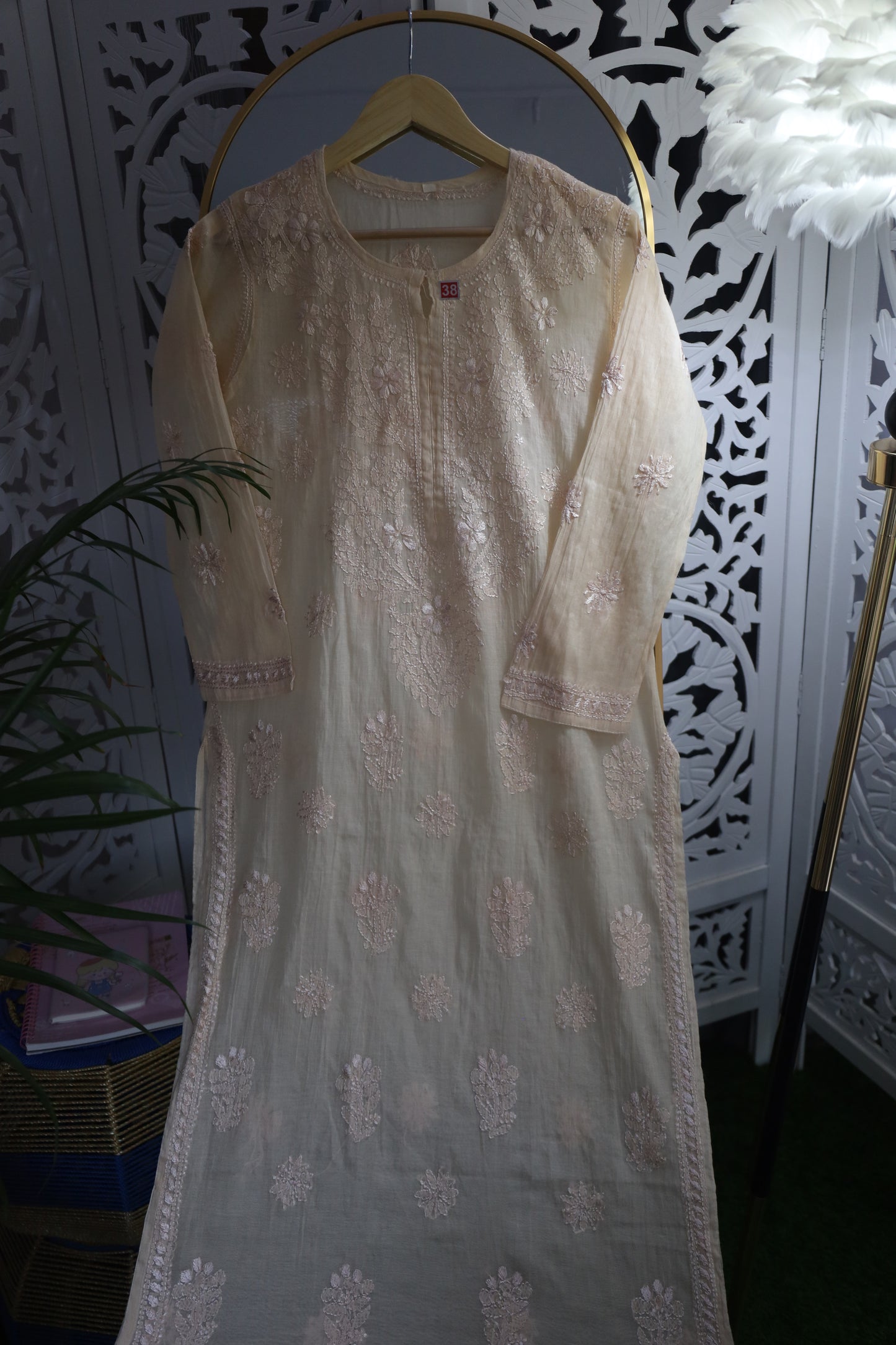 MUL CHANDERI RESHAM CHIKANKARI KURTA- PEACH