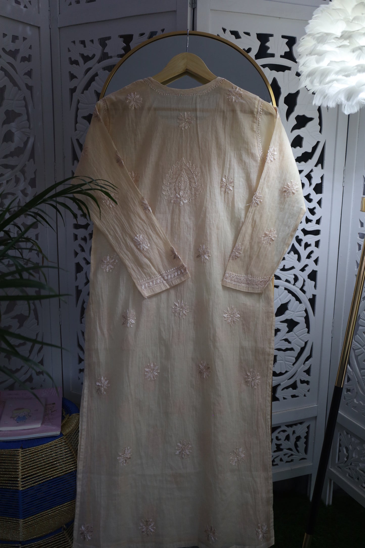 MUL CHANDERI RESHAM CHIKANKARI KURTA- PEACH