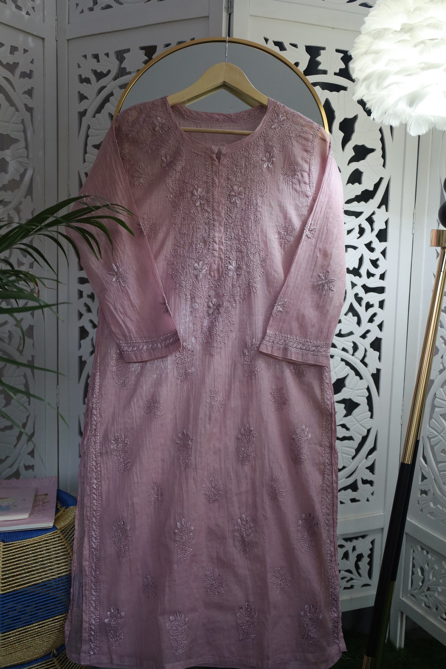 MUL CHANDERI RESHAM CHIKANKARI KURTA- PURPLE