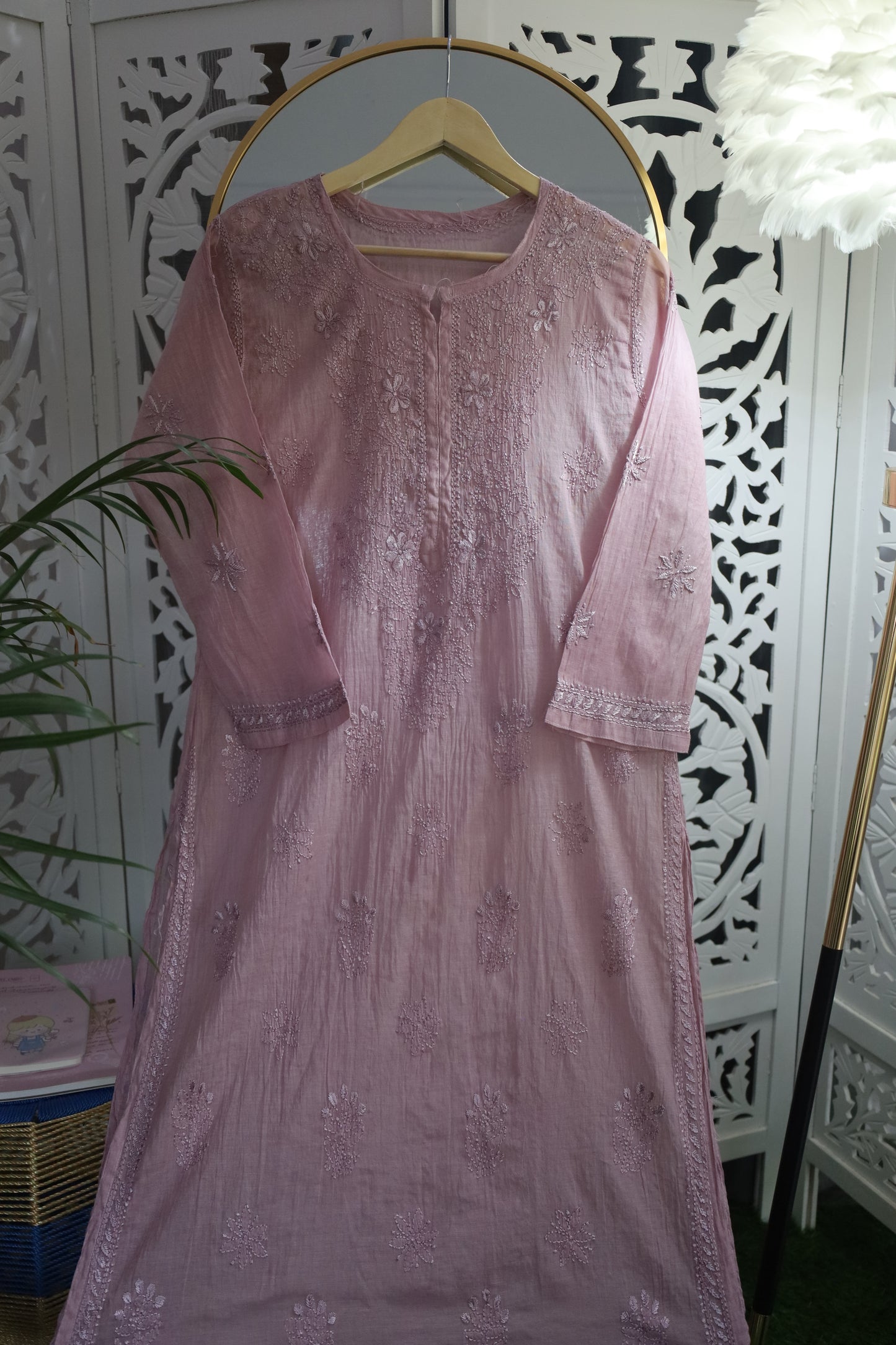 MUL CHANDERI RESHAM CHIKANKARI KURTA- PURPLE