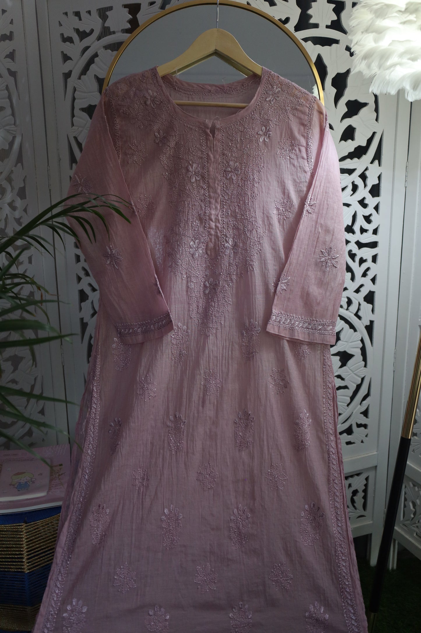 MUL CHANDERI RESHAM CHIKANKARI KURTA- PURPLE