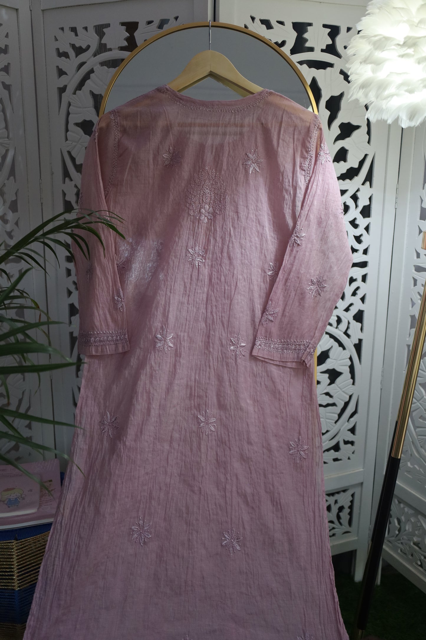 MUL CHANDERI RESHAM CHIKANKARI KURTA- PURPLE
