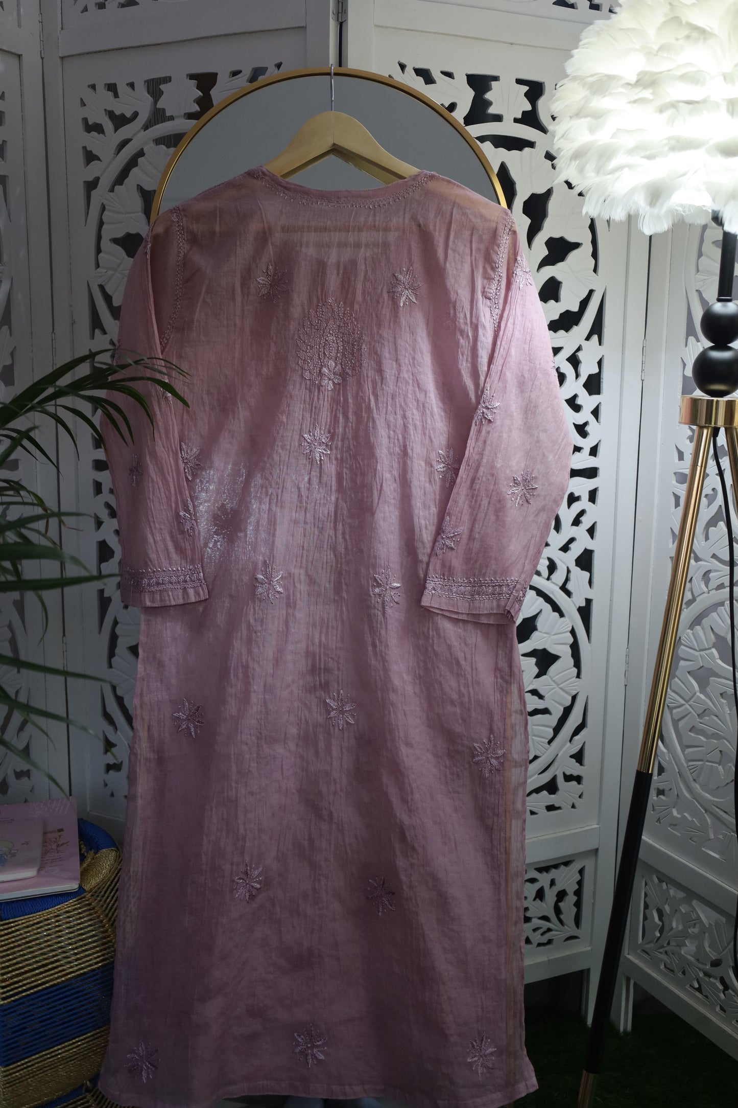 MUL CHANDERI RESHAM CHIKANKARI KURTA- PURPLE
