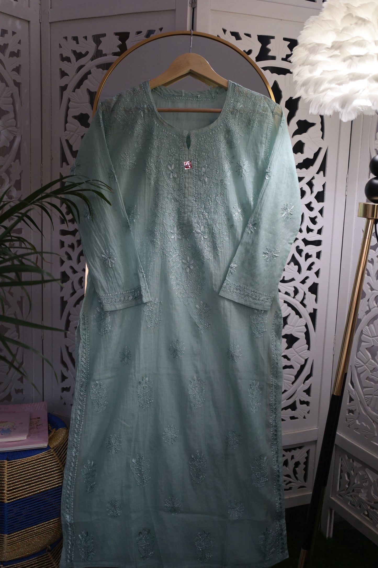 MUL CHANDERI RESHAM CHIKANKARI KURTA- GREEN