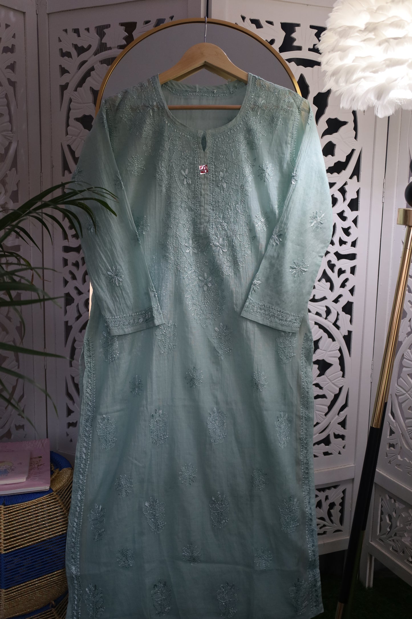 MUL CHANDERI RESHAM CHIKANKARI KURTA- GREEN