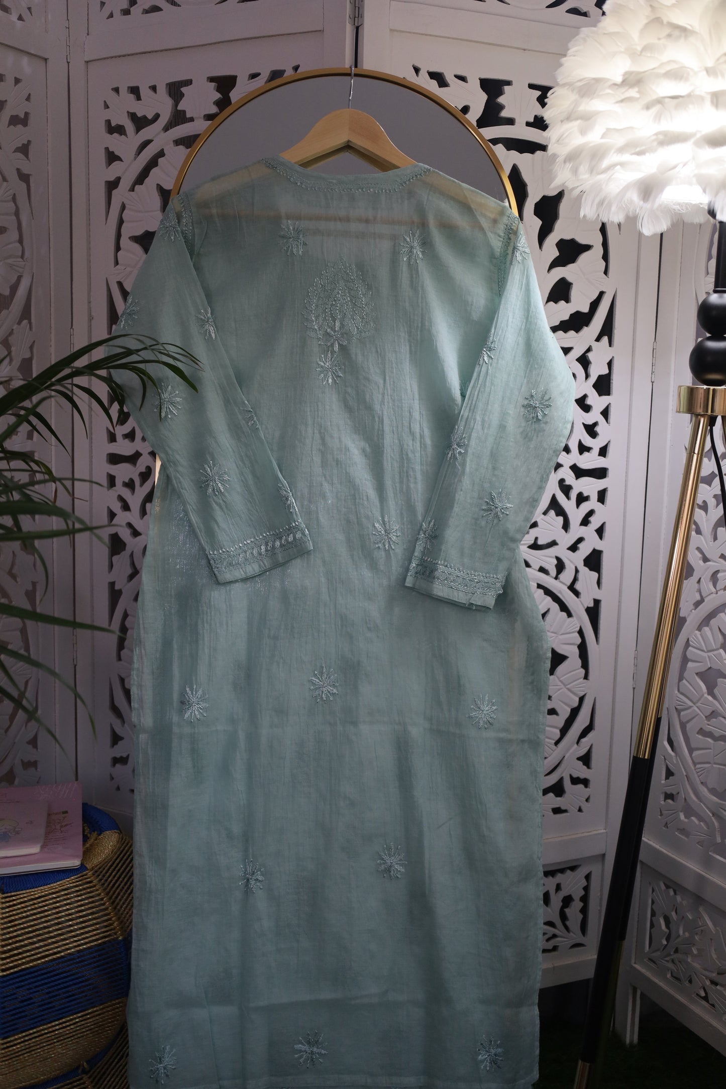 MUL CHANDERI RESHAM CHIKANKARI KURTA- GREEN