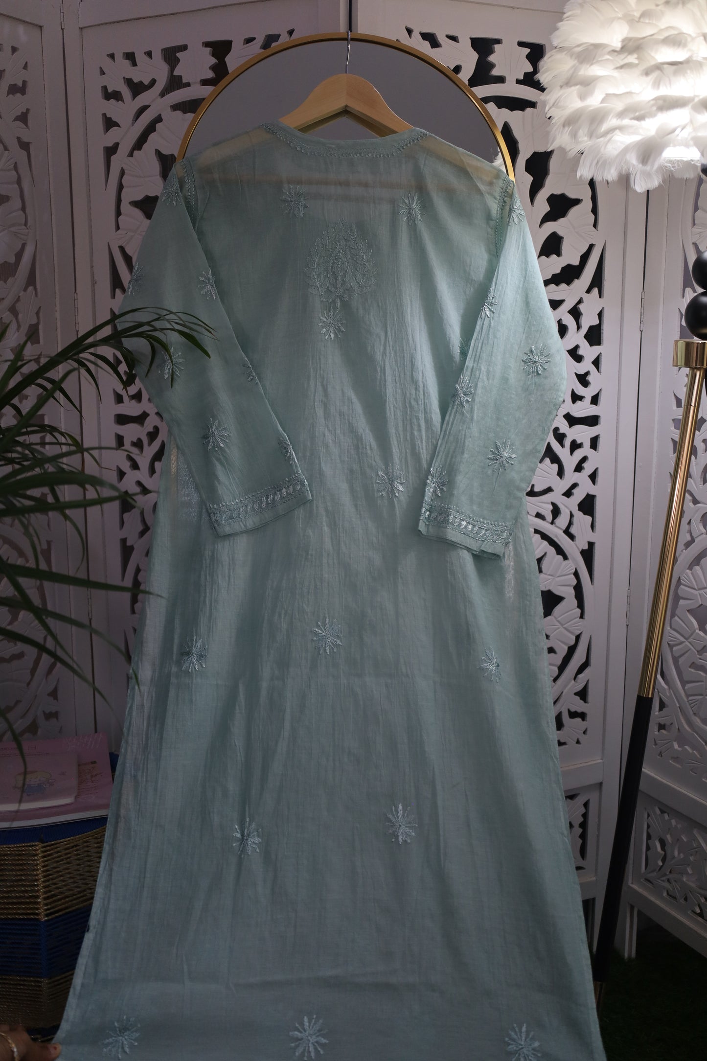 MUL CHANDERI RESHAM CHIKANKARI KURTA- GREEN