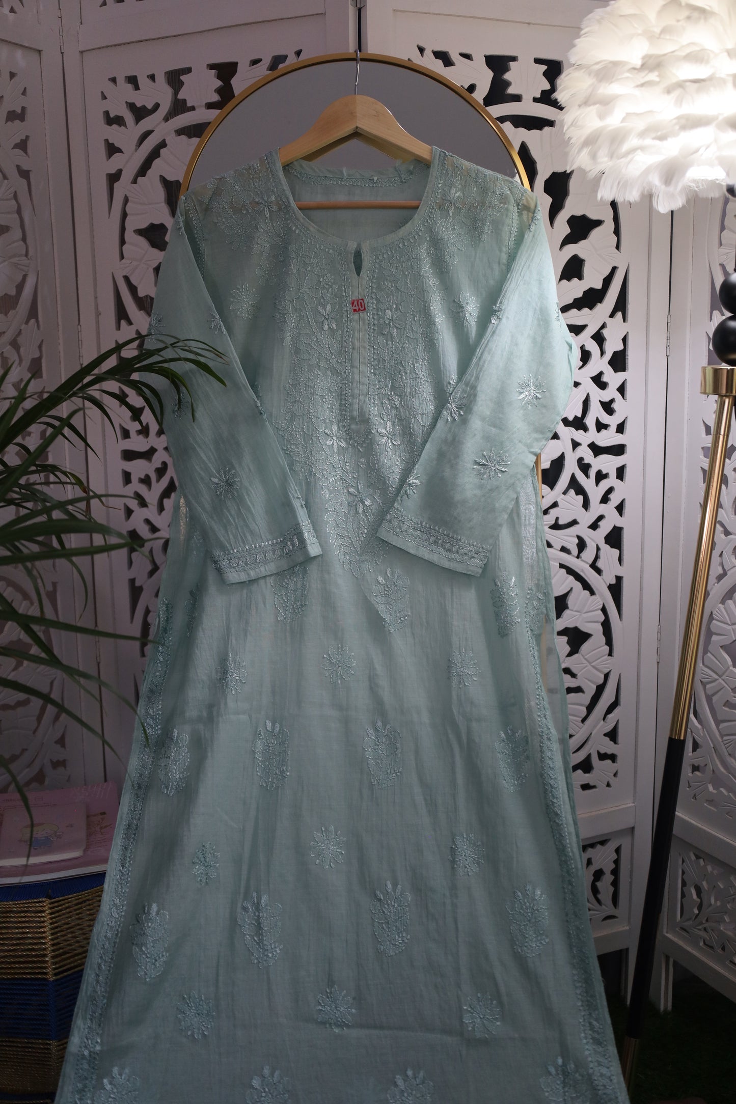 MUL CHANDERI RESHAM CHIKANKARI KURTA- GREEN