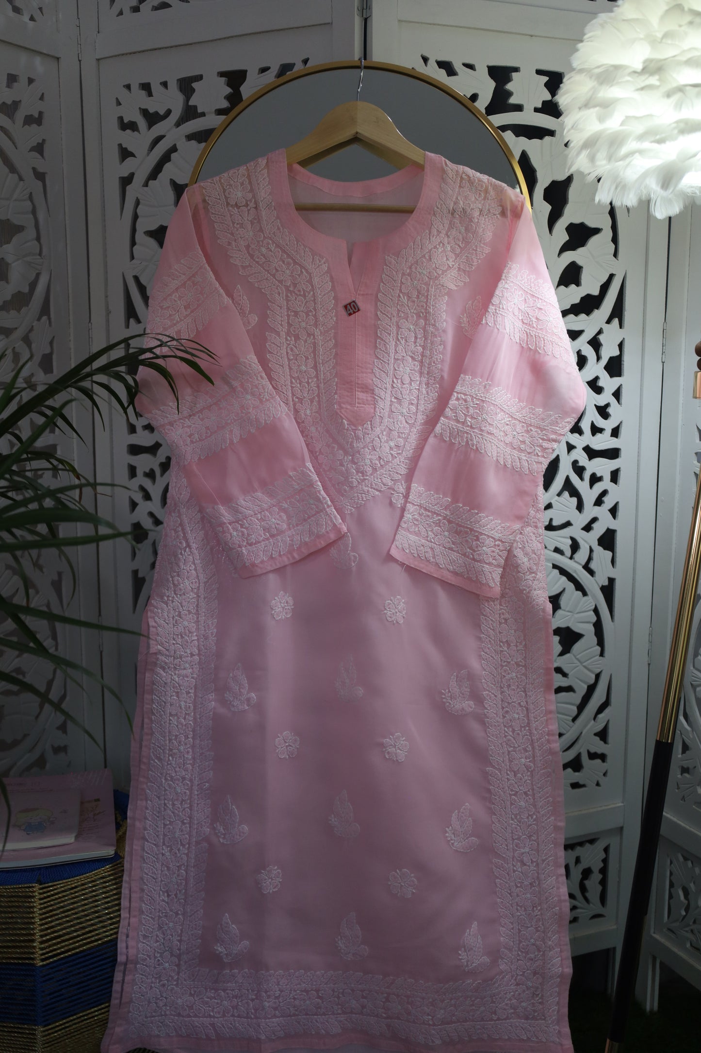 COTTON CHIKANKARI LONG KURTA- LIGHT PINK