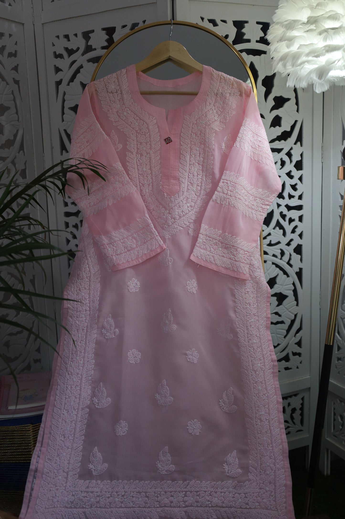 COTTON CHIKANKARI LONG KURTA- LIGHT PINK