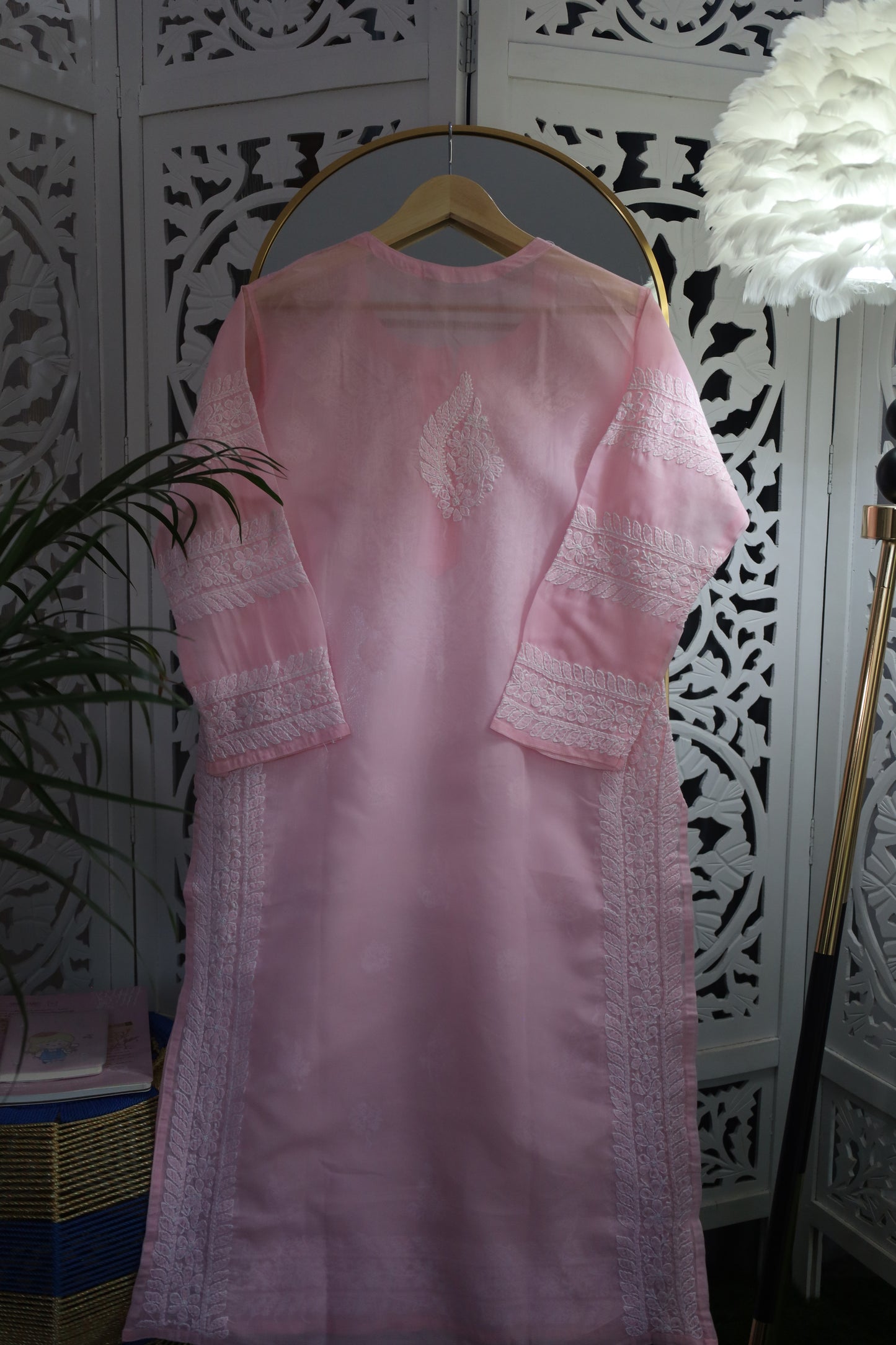 COTTON CHIKANKARI LONG KURTA- LIGHT PINK