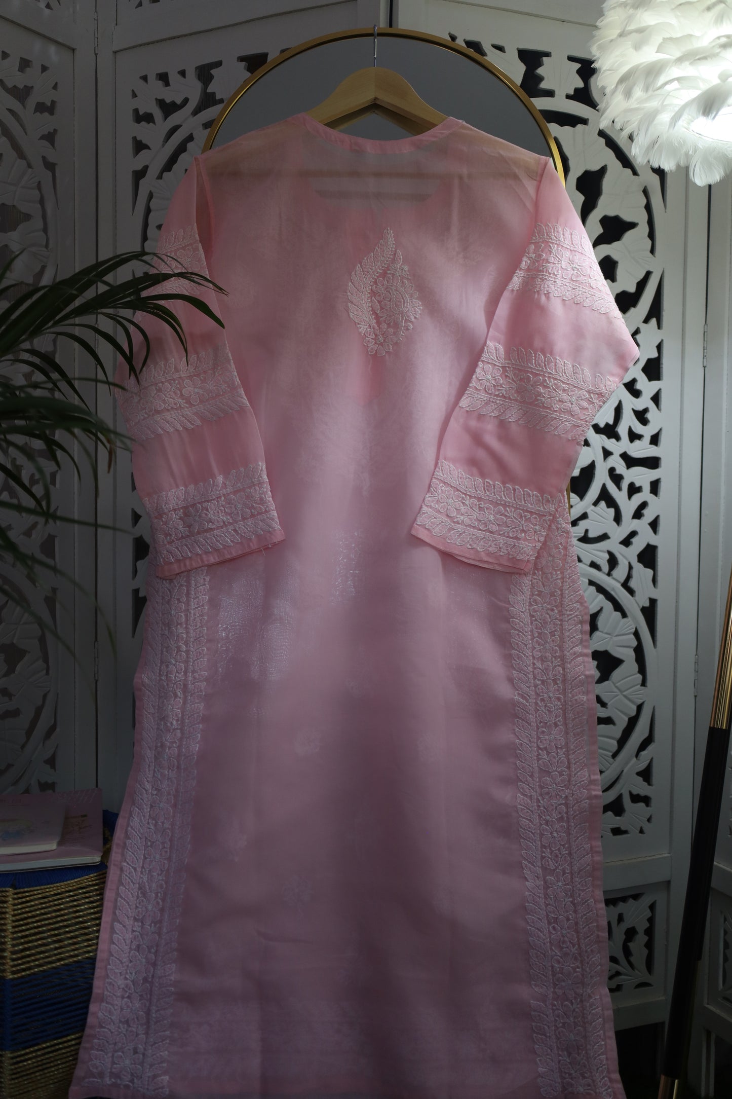 COTTON CHIKANKARI LONG KURTA- LIGHT PINK