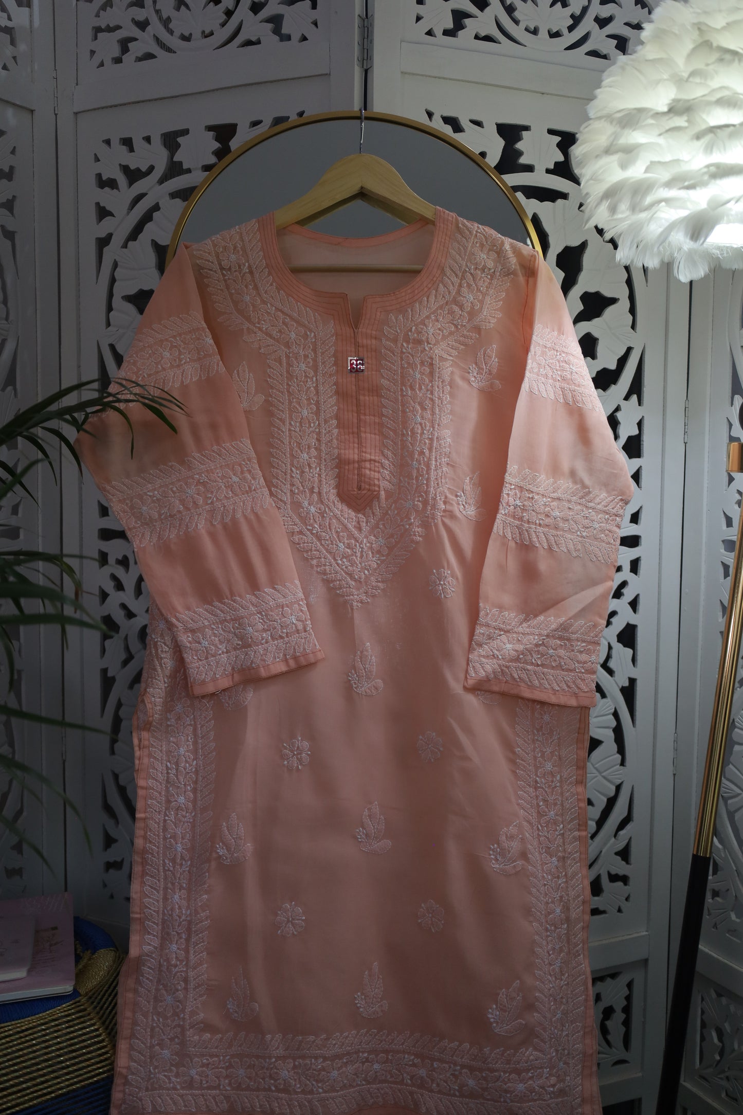 COTTON CHIKANKARI LONG KURTA- PALE ORANGE