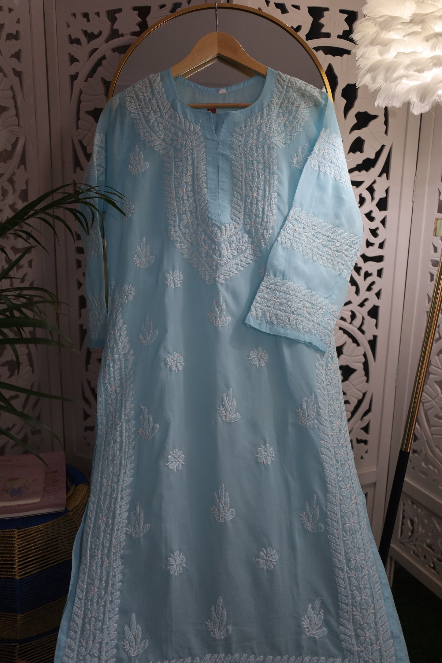 COTTON CHIKANKARI LONG KURTA- SKY BLUE