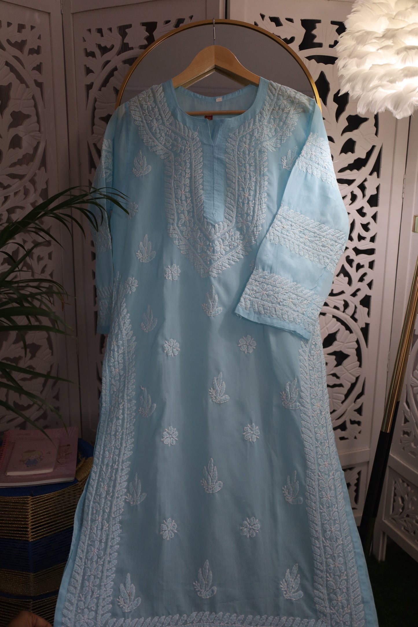 COTTON CHIKANKARI LONG KURTA- SKY BLUE