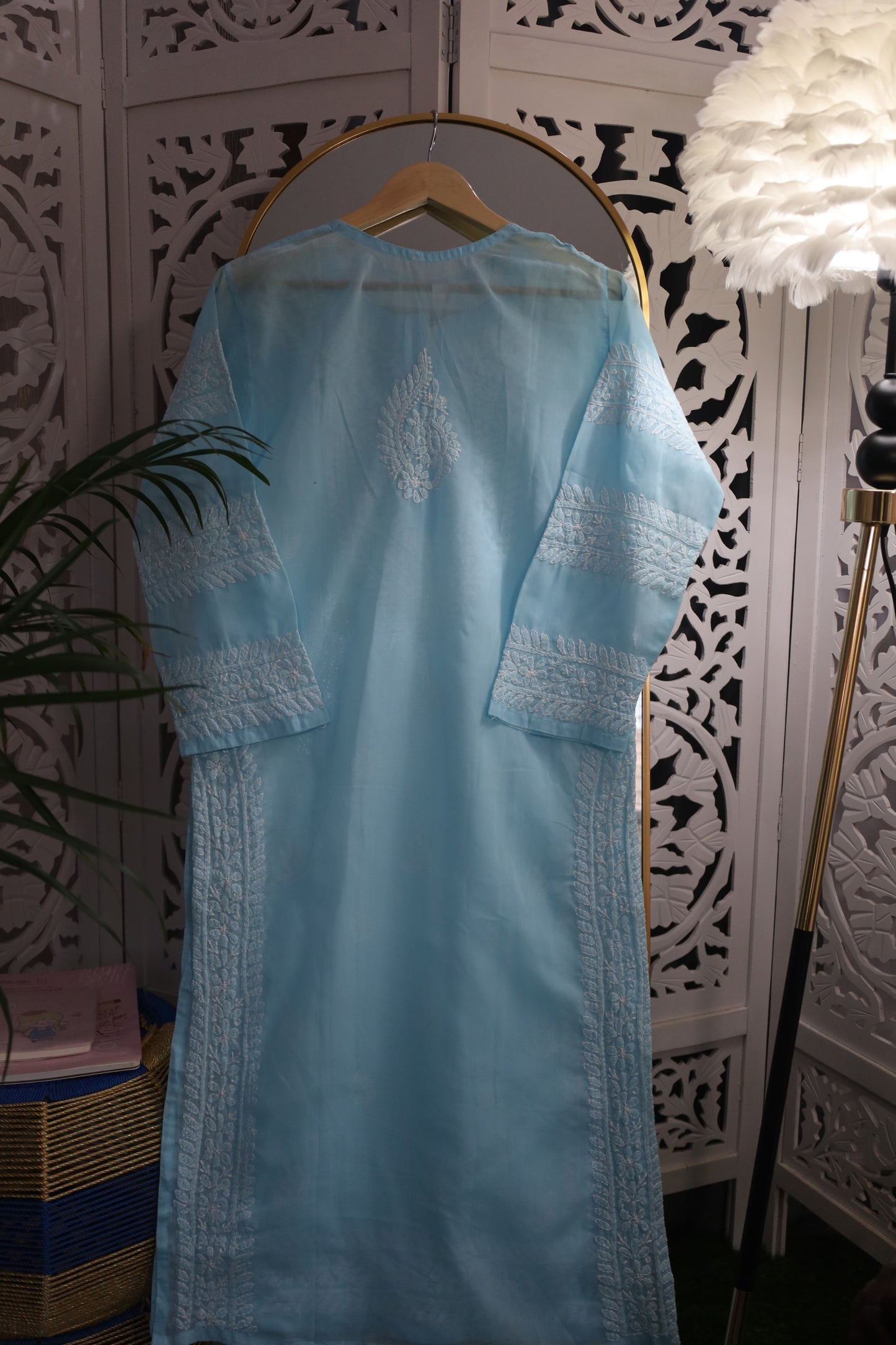 COTTON CHIKANKARI LONG KURTA- SKY BLUE