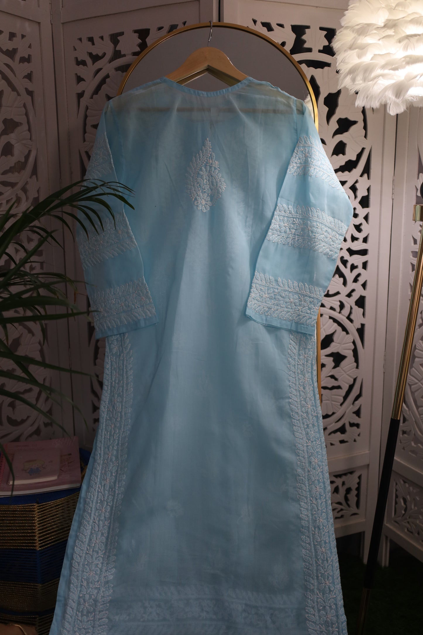 COTTON CHIKANKARI LONG KURTA- SKY BLUE