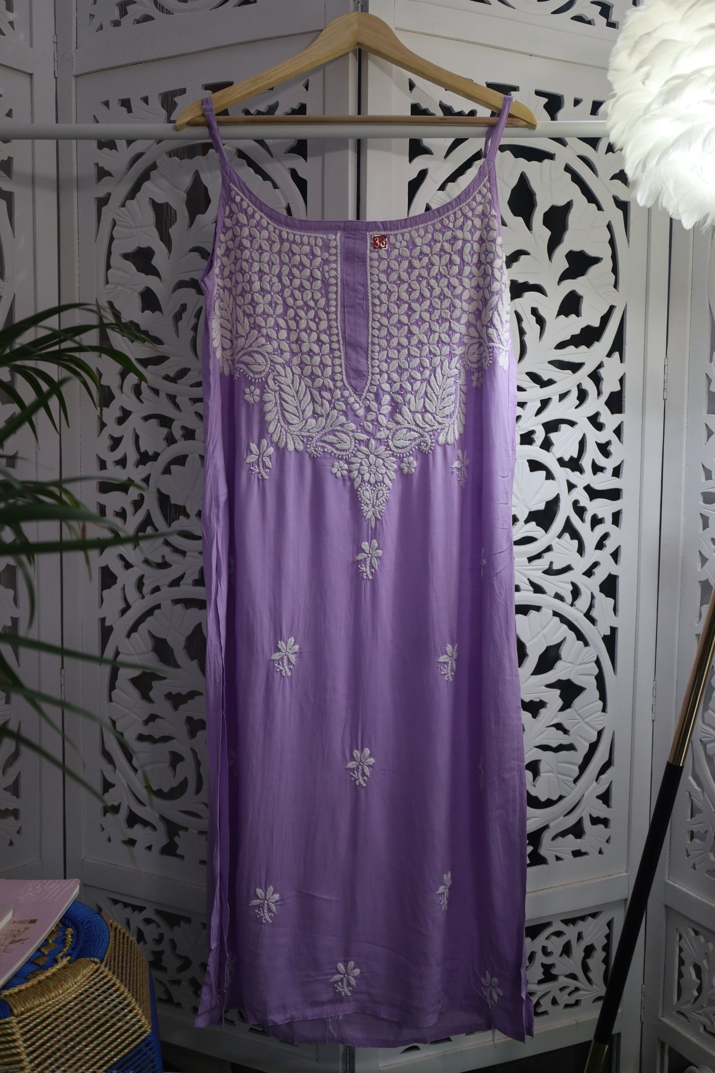 MODAL CHIKANKARI NOODLE STRAP KURTA- PASTEL PURPLE