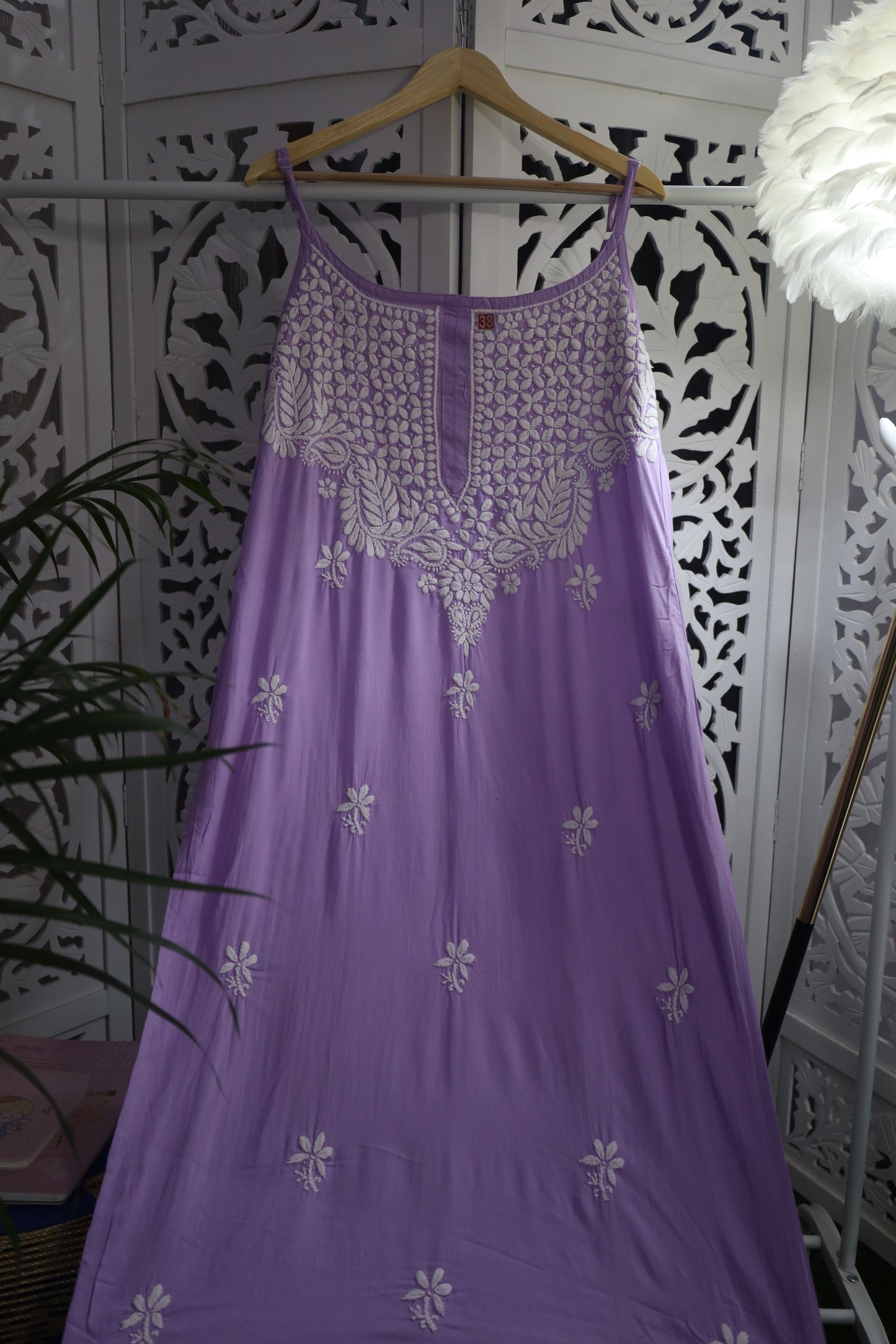 MODAL CHIKANKARI NOODLE STRAP KURTA- PASTEL PURPLE
