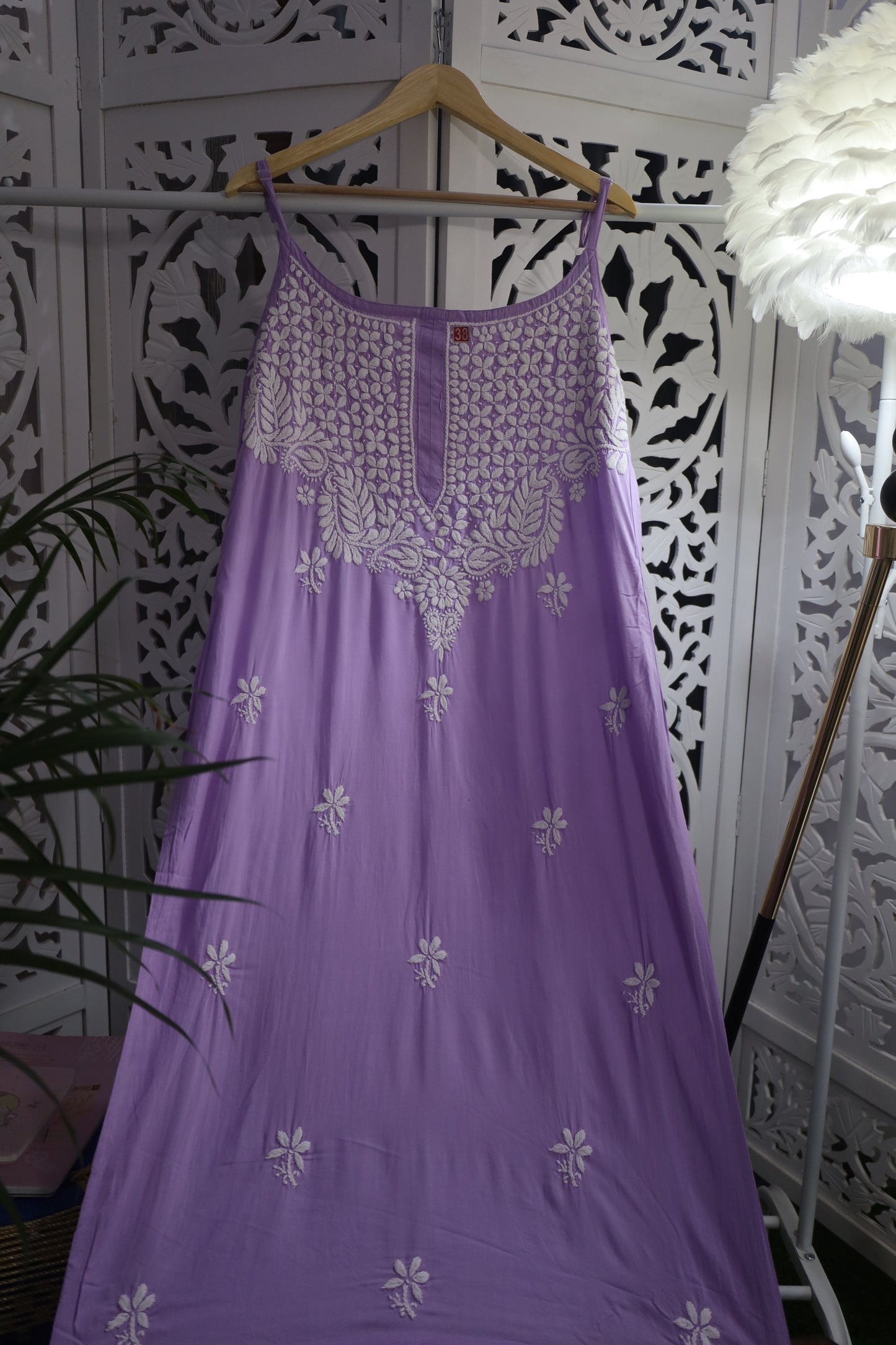 MODAL CHIKANKARI NOODLE STRAP KURTA- PASTEL PURPLE