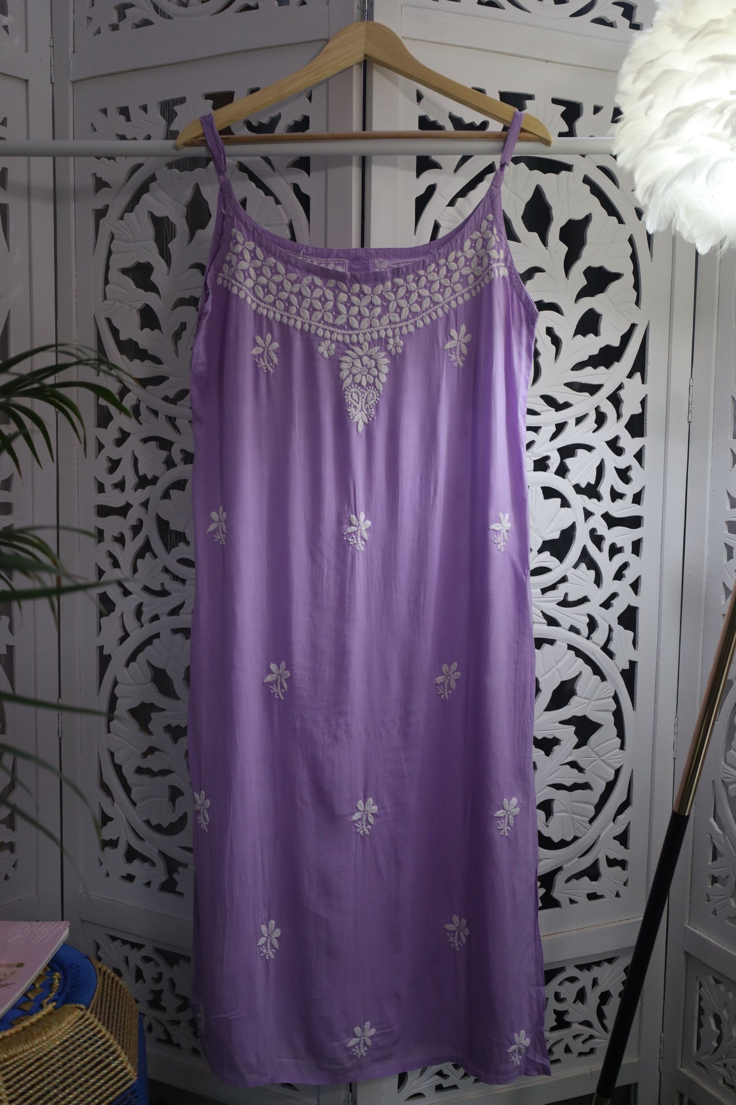 MODAL CHIKANKARI NOODLE STRAP KURTA- PASTEL PURPLE