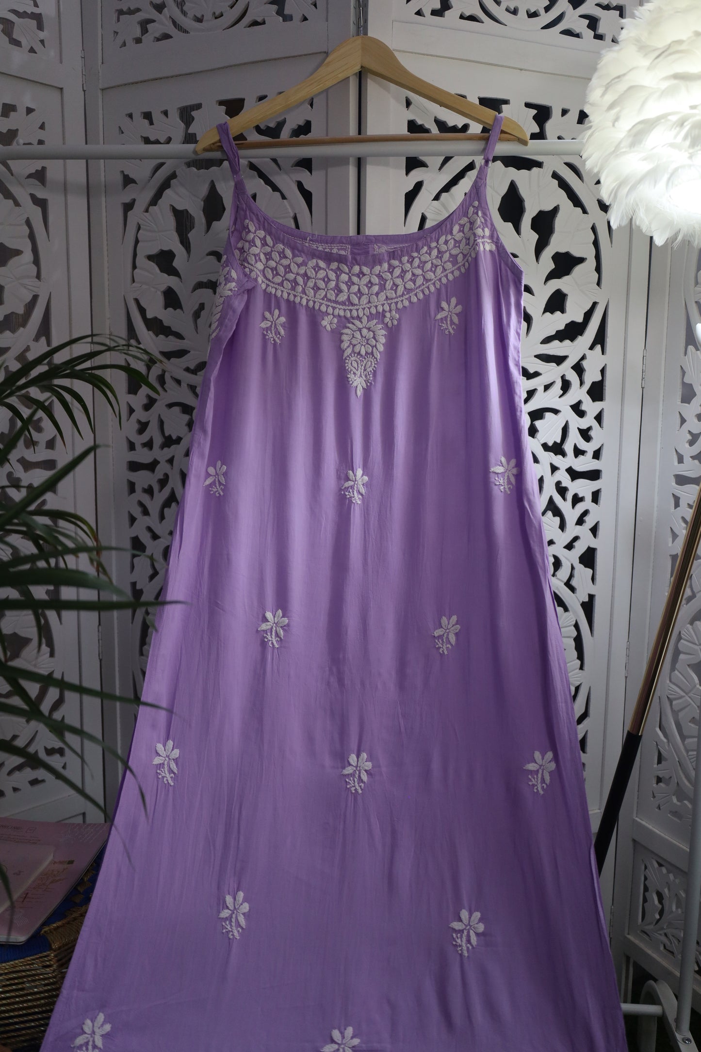 MODAL CHIKANKARI NOODLE STRAP KURTA- PASTEL PURPLE