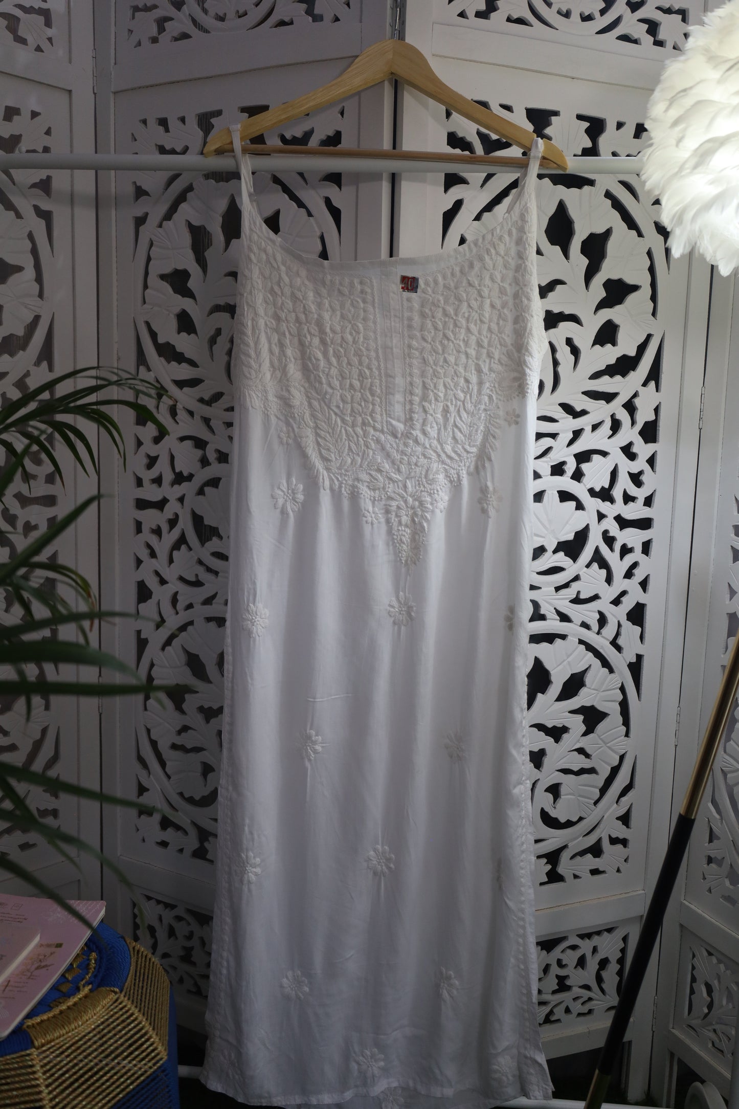 MODAL CHIKANKARI NOODLE STRAP KURTA- WHITE