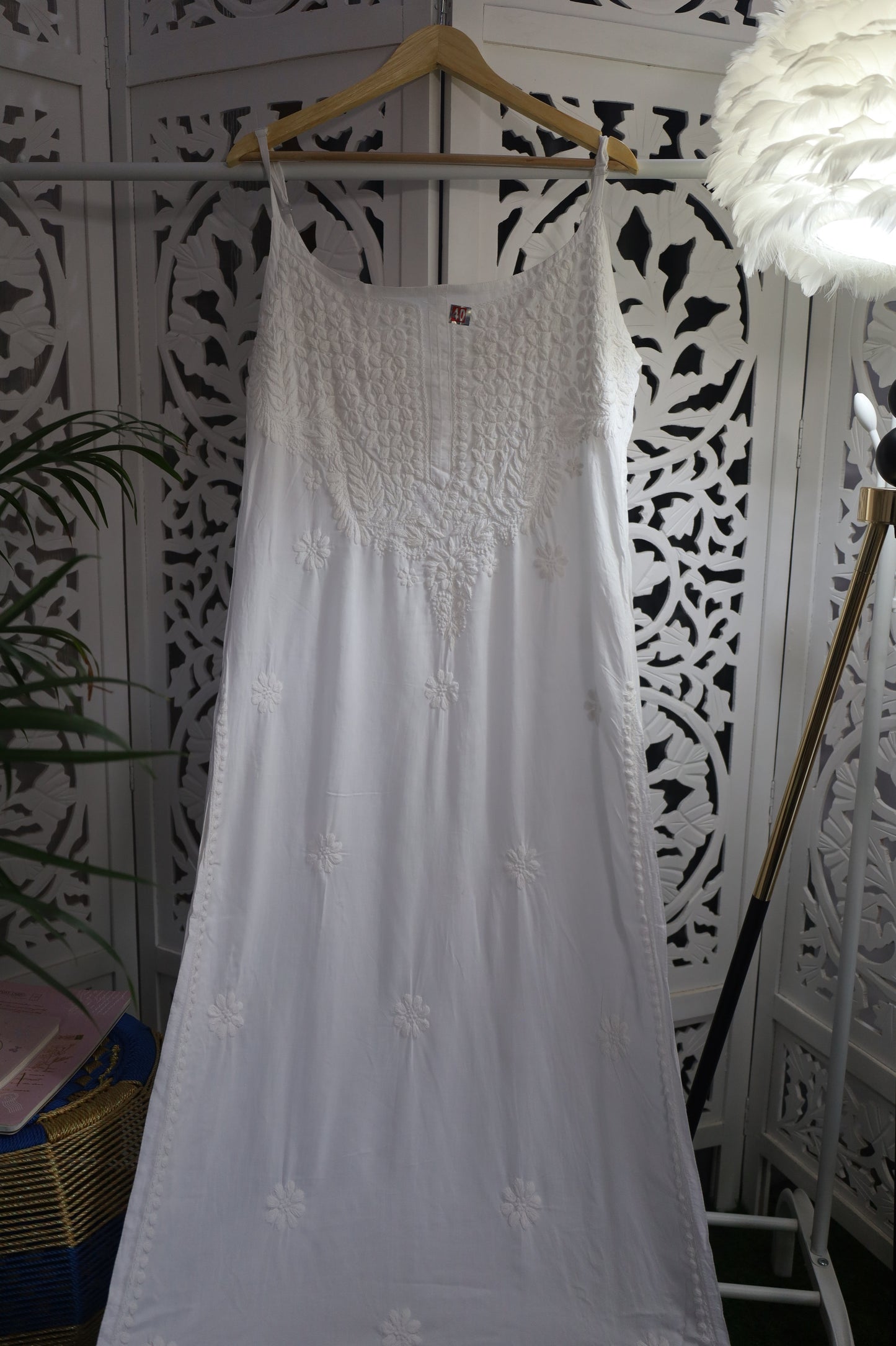 MODAL CHIKANKARI NOODLE STRAP KURTA- WHITE