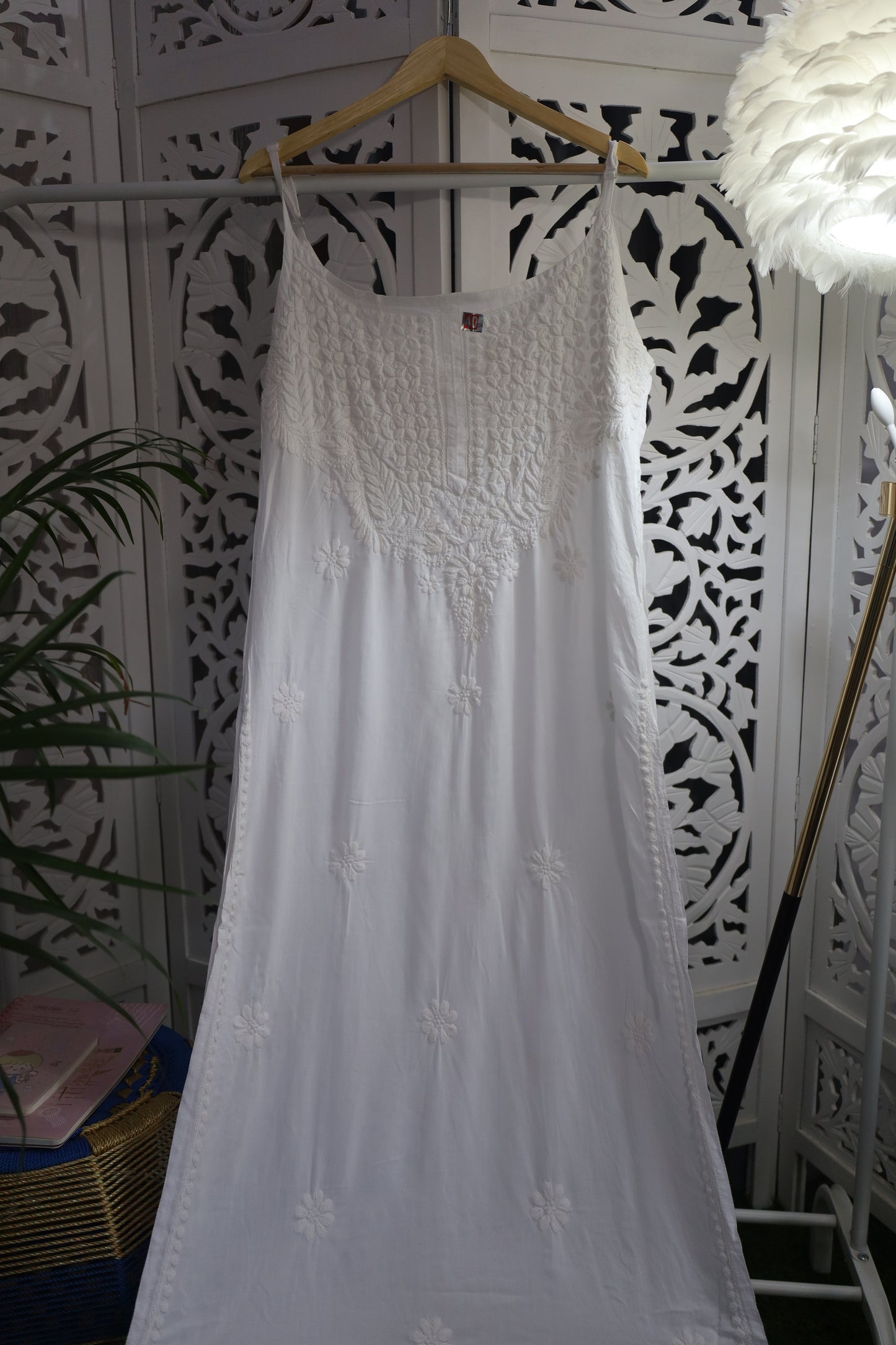 MODAL CHIKANKARI NOODLE STRAP KURTA- WHITE