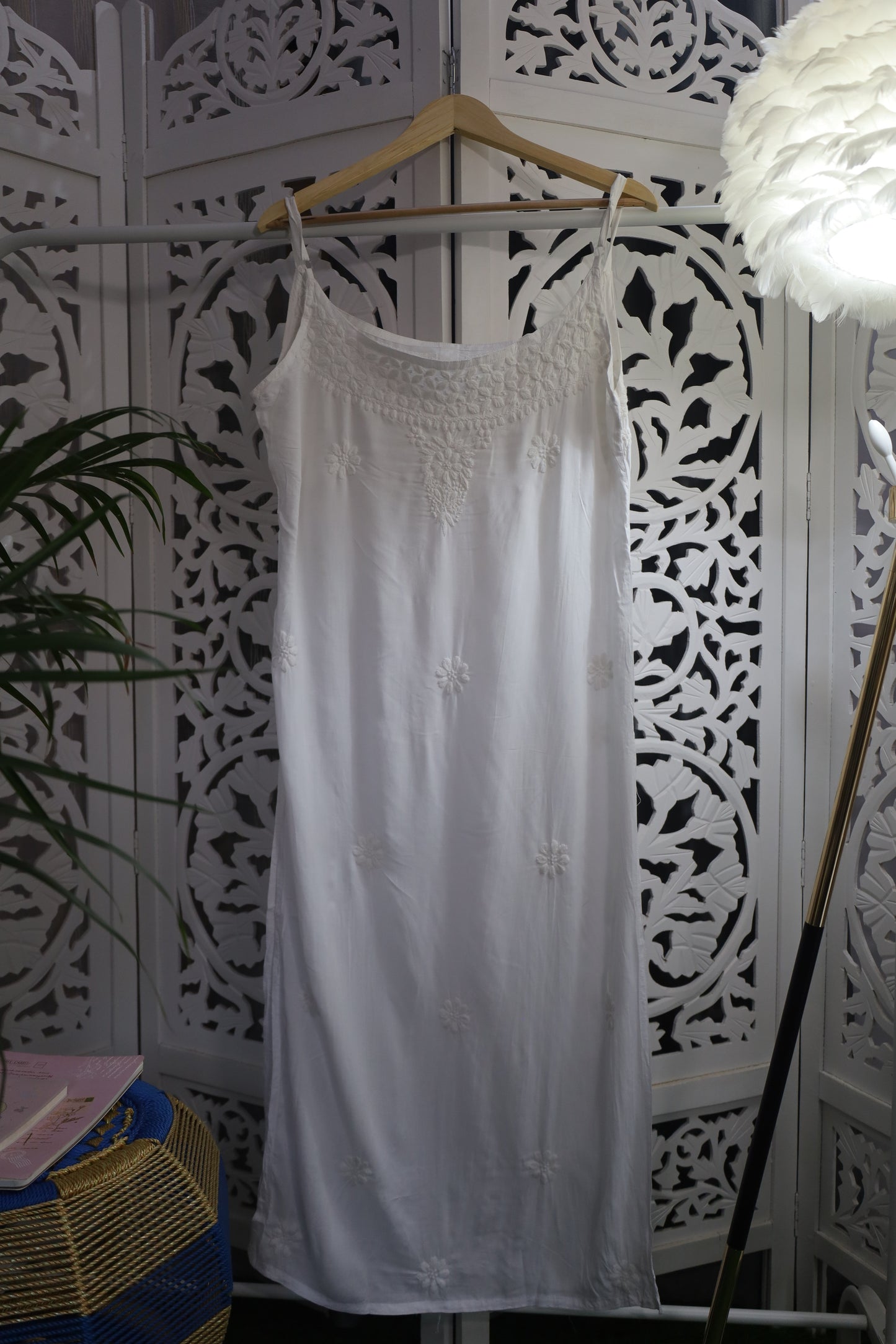MODAL CHIKANKARI NOODLE STRAP KURTA- WHITE