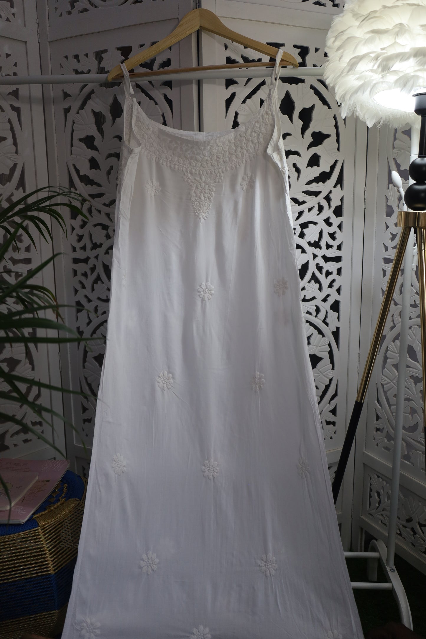 MODAL CHIKANKARI NOODLE STRAP KURTA- WHITE