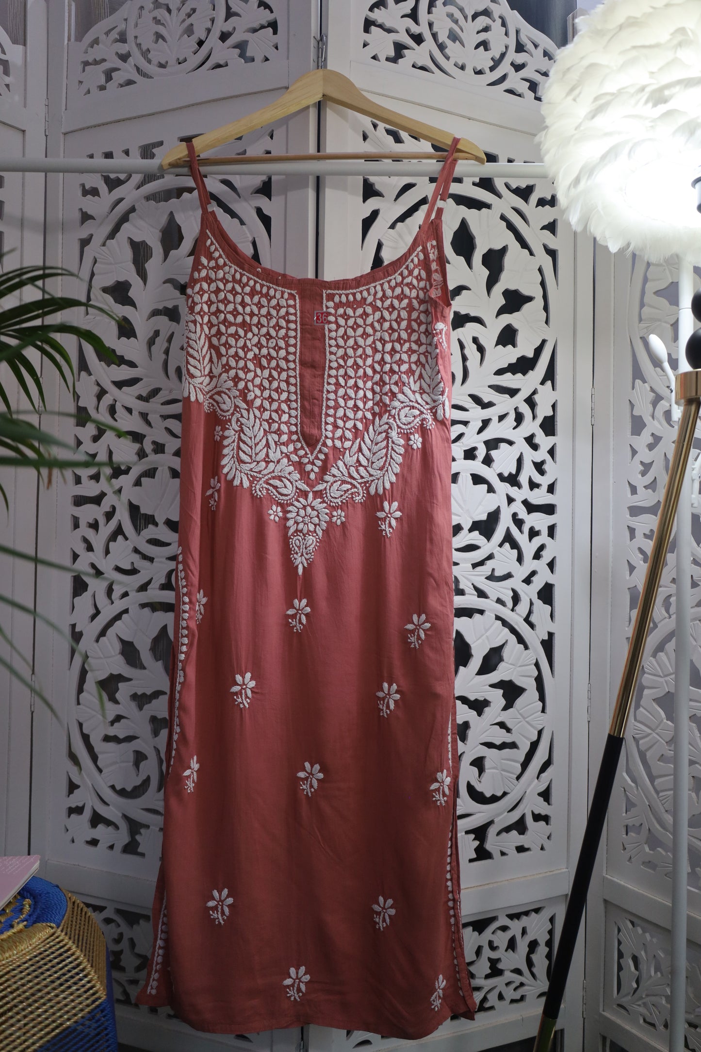 MODAL CHIKANKARI NOODLE STRAP KURTA- BROWN